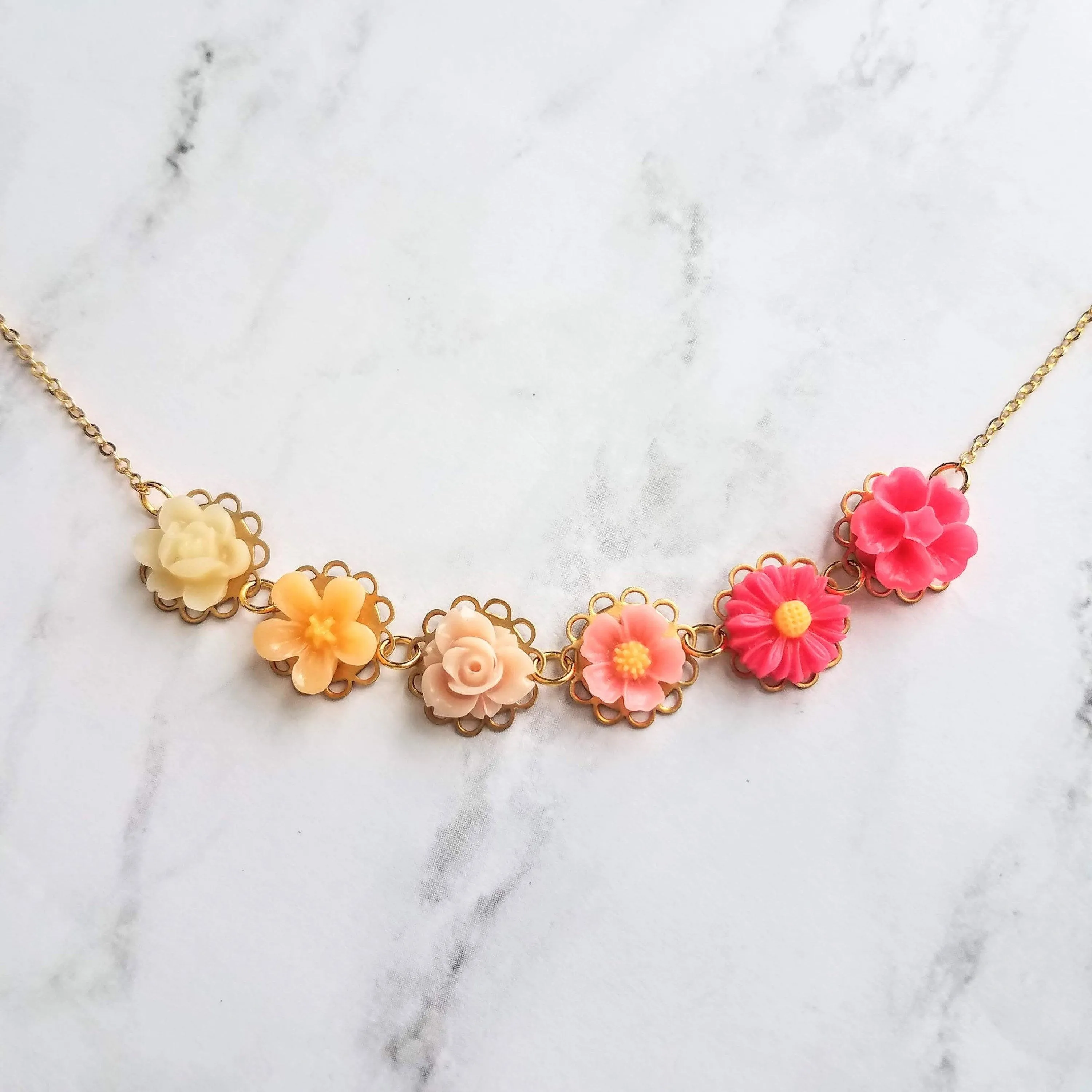 Flower Necklace - colorful ombre floral charms on scalloped gold setting - hot pink fuchsia to cream white - lacy pretty feminine rose daisy