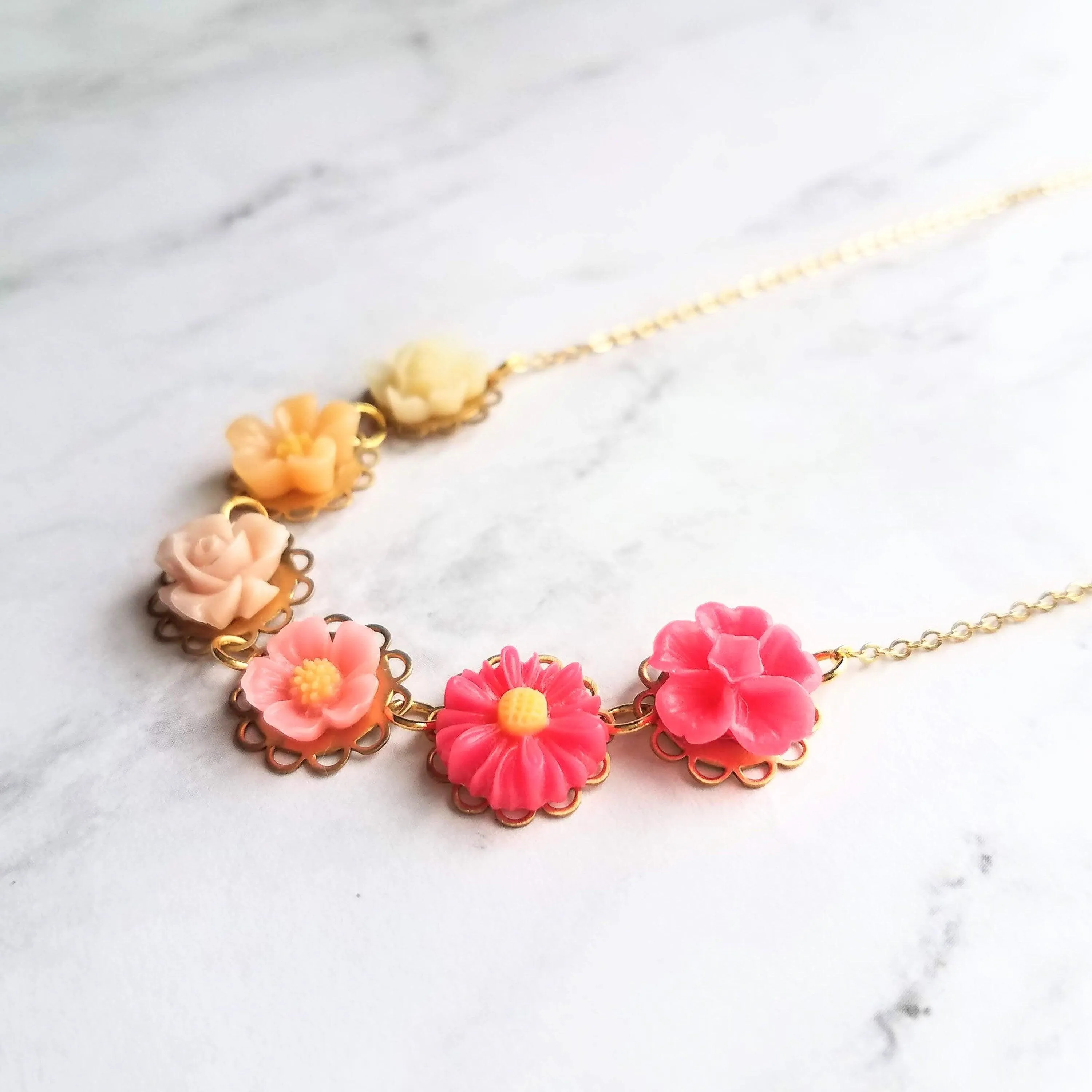 Flower Necklace - colorful ombre floral charms on scalloped gold setting - hot pink fuchsia to cream white - lacy pretty feminine rose daisy