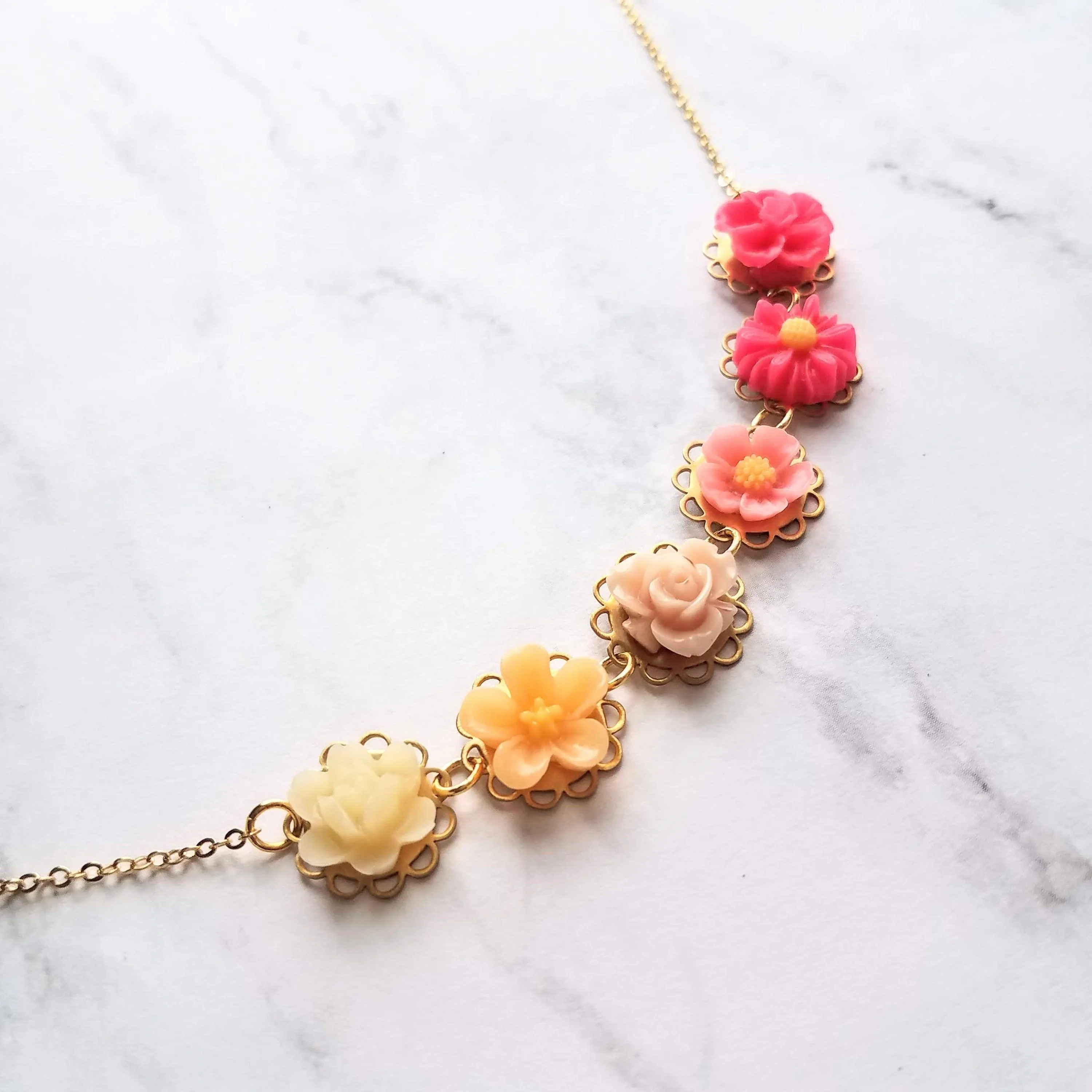Flower Necklace - colorful ombre floral charms on scalloped gold setting - hot pink fuchsia to cream white - lacy pretty feminine rose daisy