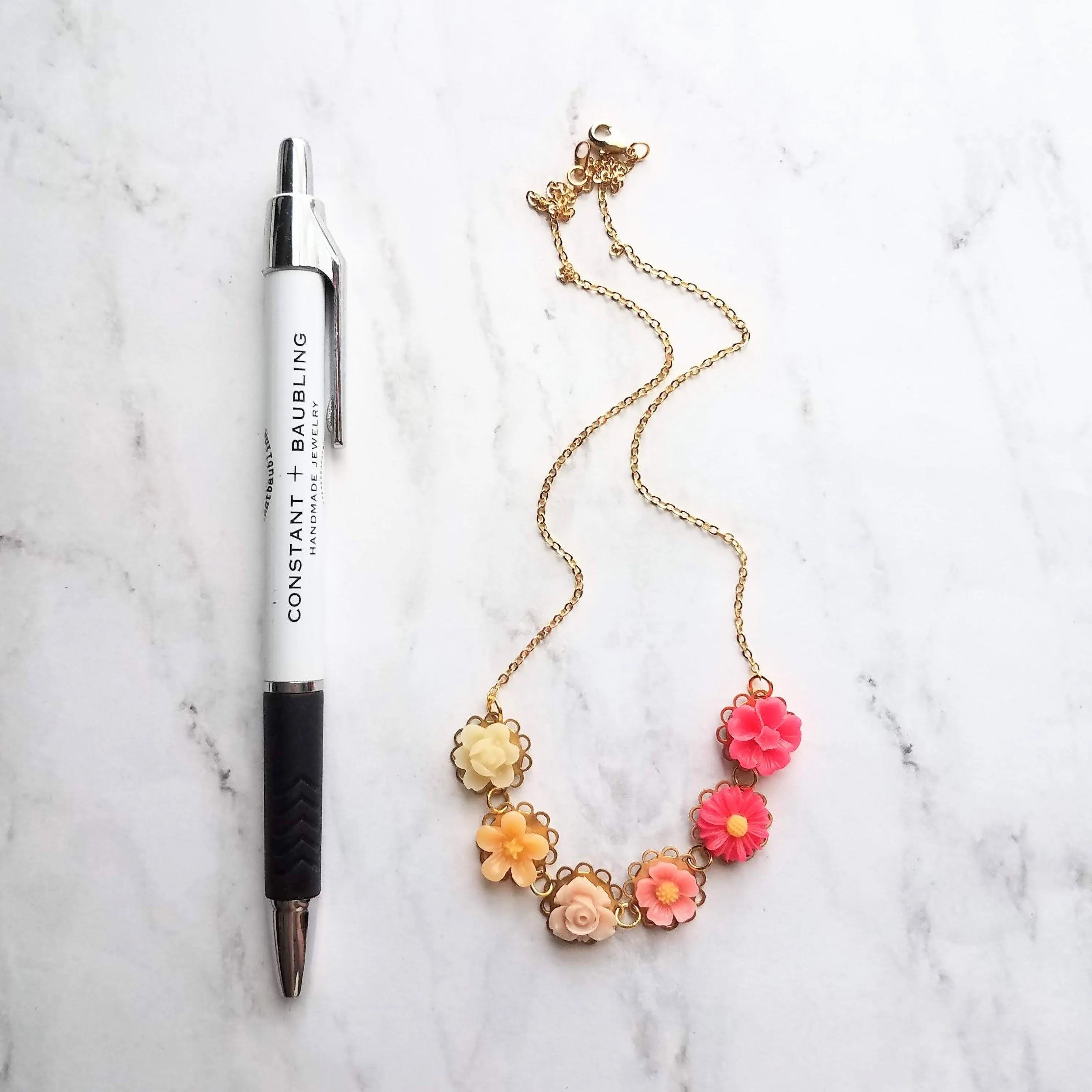 Flower Necklace - colorful ombre floral charms on scalloped gold setting - hot pink fuchsia to cream white - lacy pretty feminine rose daisy
