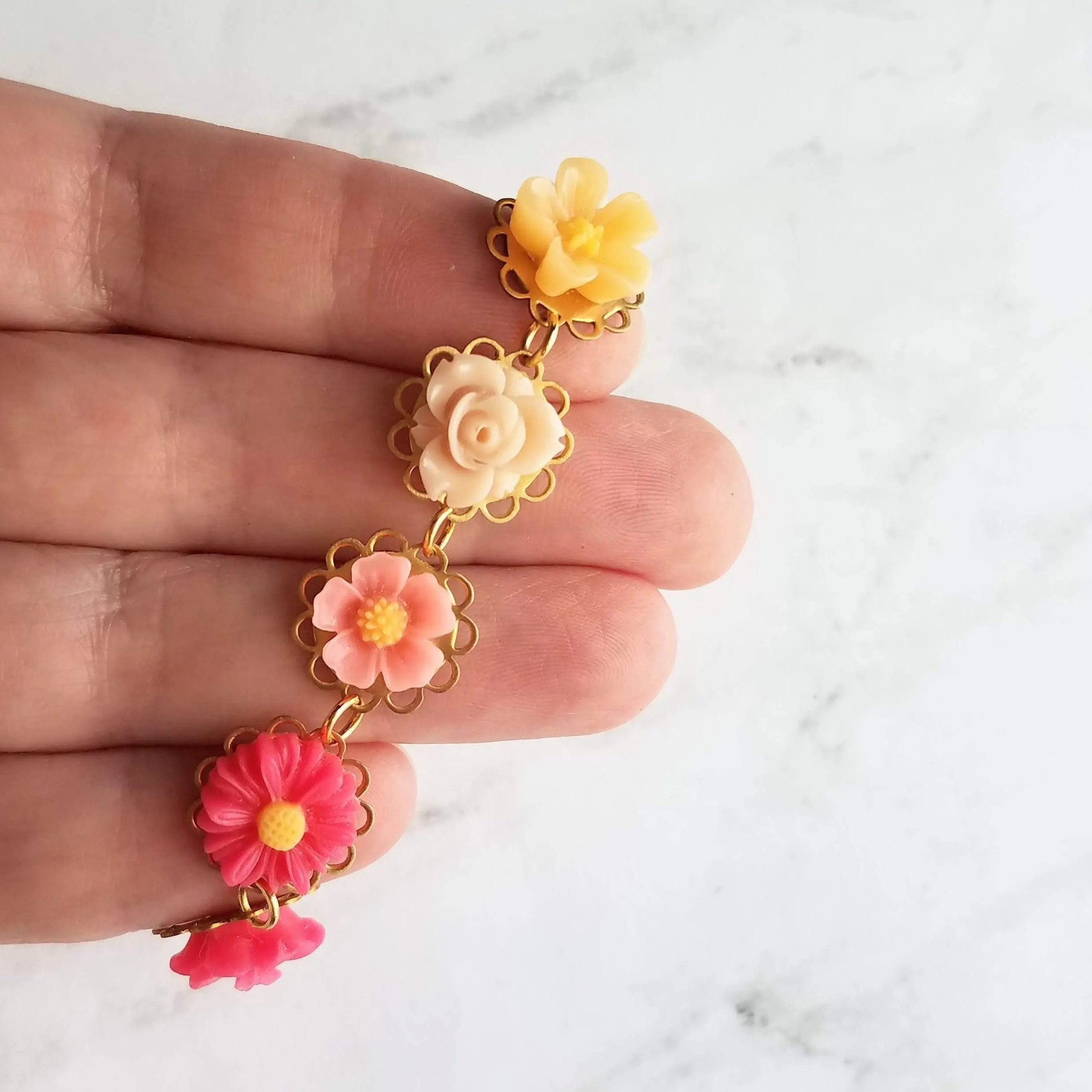 Flower Necklace - colorful ombre floral charms on scalloped gold setting - hot pink fuchsia to cream white - lacy pretty feminine rose daisy