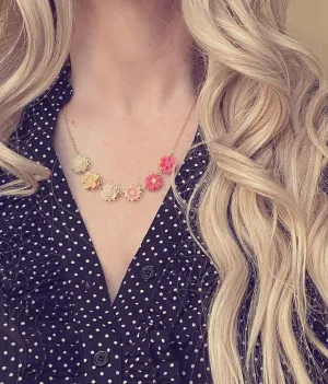 Flower Necklace - colorful ombre floral charms on scalloped gold setting - hot pink fuchsia to cream white - lacy pretty feminine rose daisy