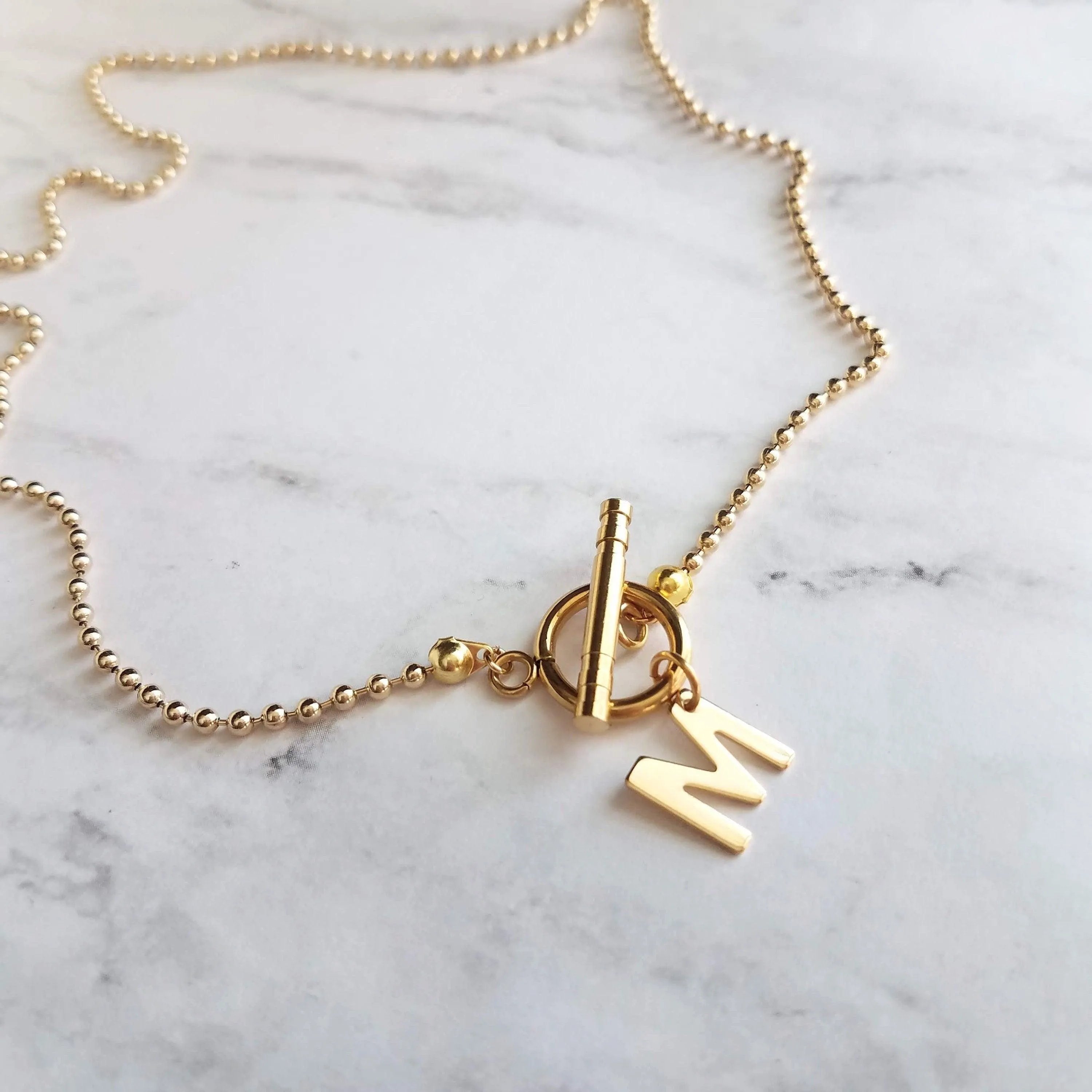 Gold Ball Chain Necklace & Letter Charm, chunky chain, gold letter initial necklace, toggle clasp necklace, front clasp