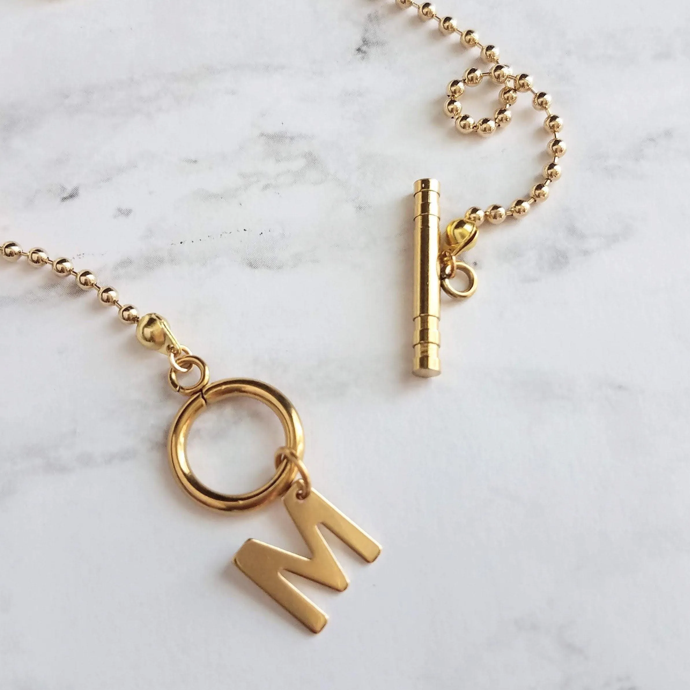 Gold Ball Chain Necklace & Letter Charm, chunky chain, gold letter initial necklace, toggle clasp necklace, front clasp