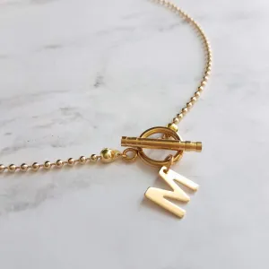 Gold Ball Chain Necklace & Letter Charm, chunky chain, gold letter initial necklace, toggle clasp necklace, front clasp