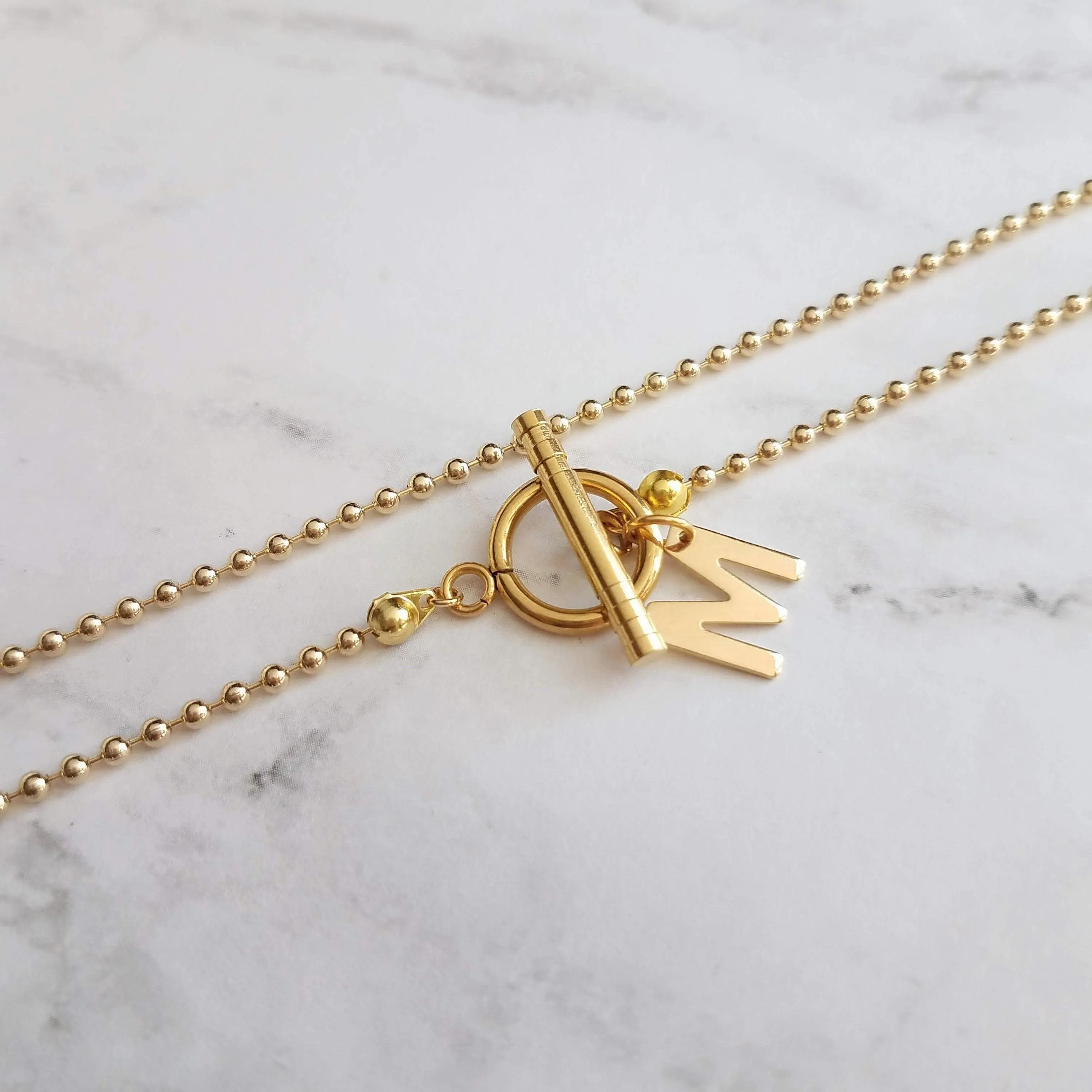 Gold Ball Chain Necklace & Letter Charm, chunky chain, gold letter initial necklace, toggle clasp necklace, front clasp