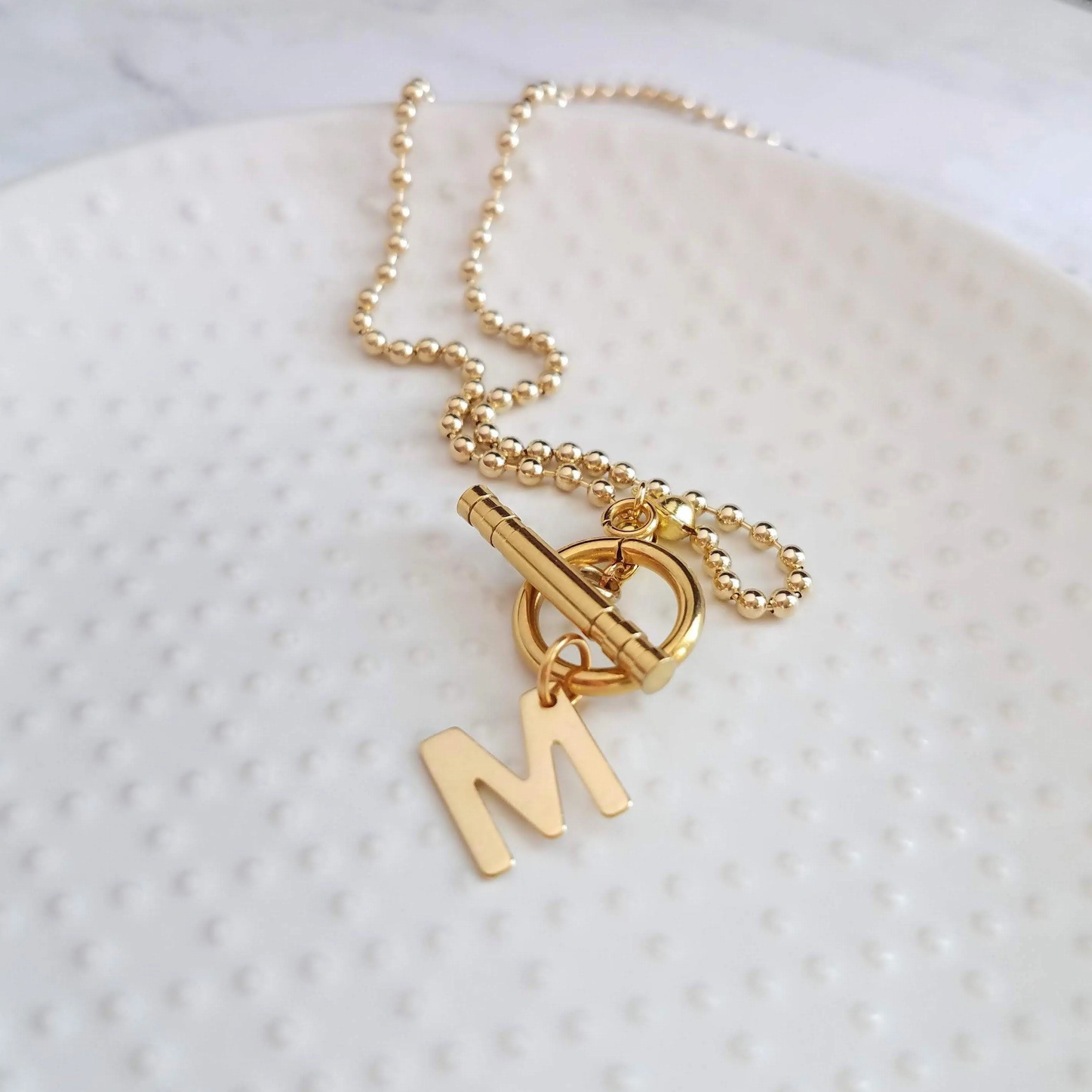 Gold Ball Chain Necklace & Letter Charm, chunky chain, gold letter initial necklace, toggle clasp necklace, front clasp