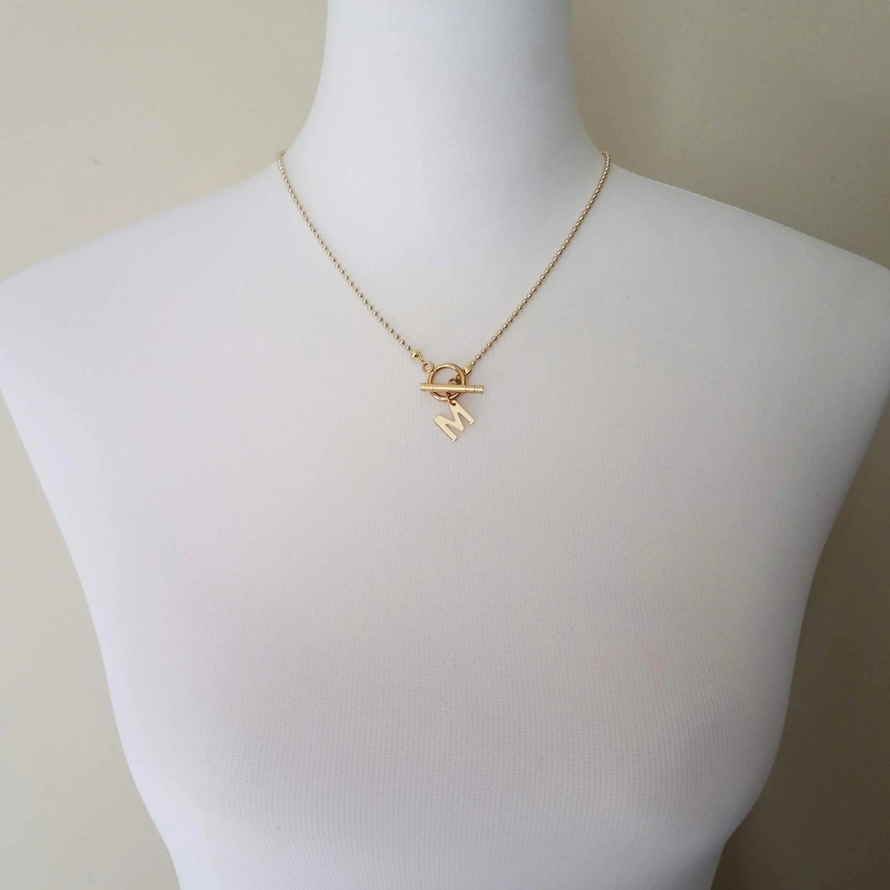 Gold Ball Chain Necklace & Letter Charm, chunky chain, gold letter initial necklace, toggle clasp necklace, front clasp