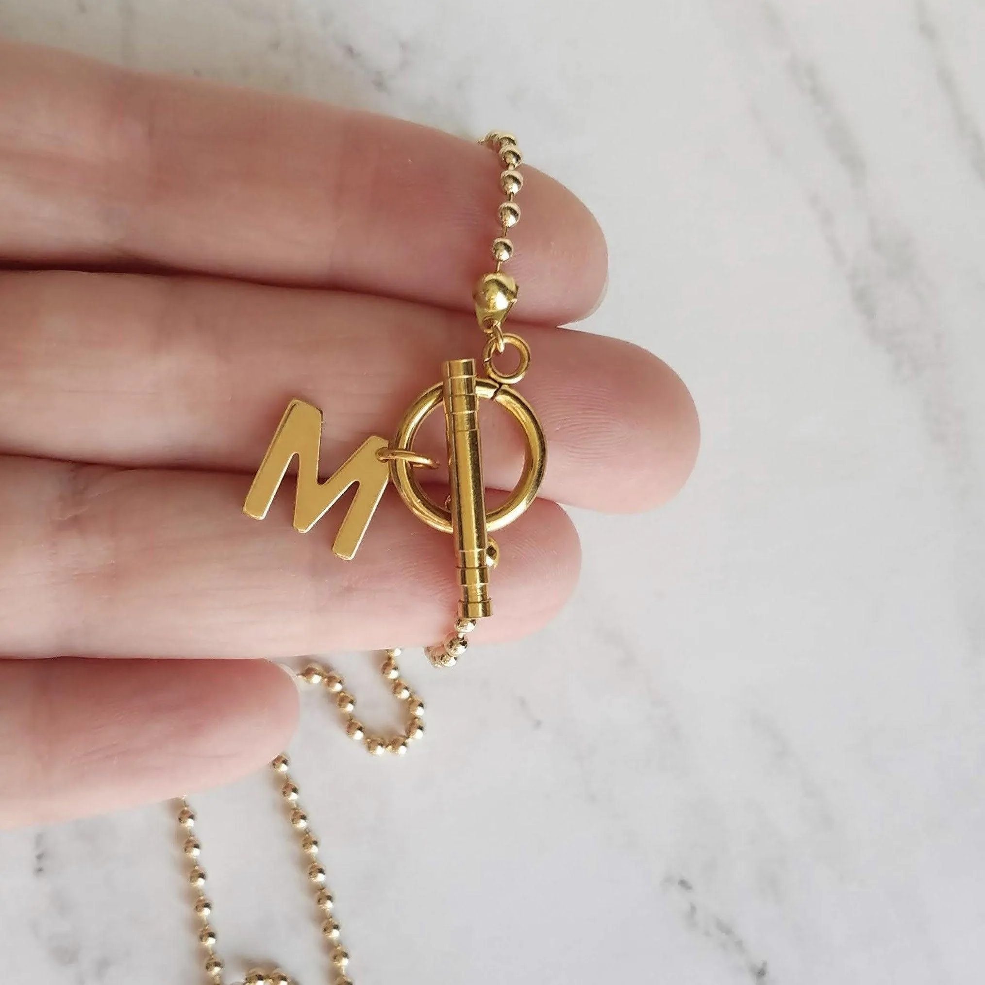 Gold Ball Chain Necklace & Letter Charm, chunky chain, gold letter initial necklace, toggle clasp necklace, front clasp