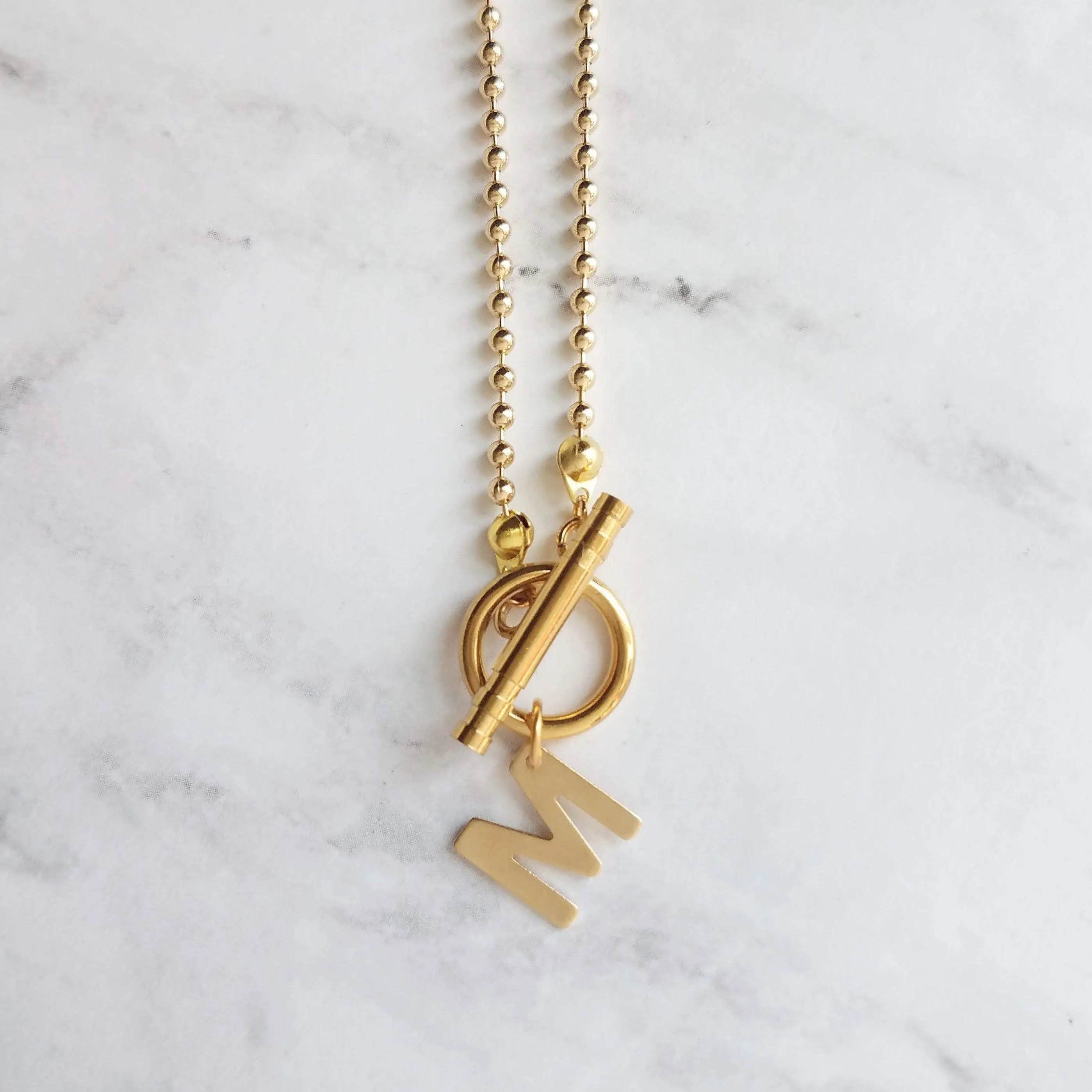 Gold Ball Chain Necklace & Letter Charm, chunky chain, gold letter initial necklace, toggle clasp necklace, front clasp