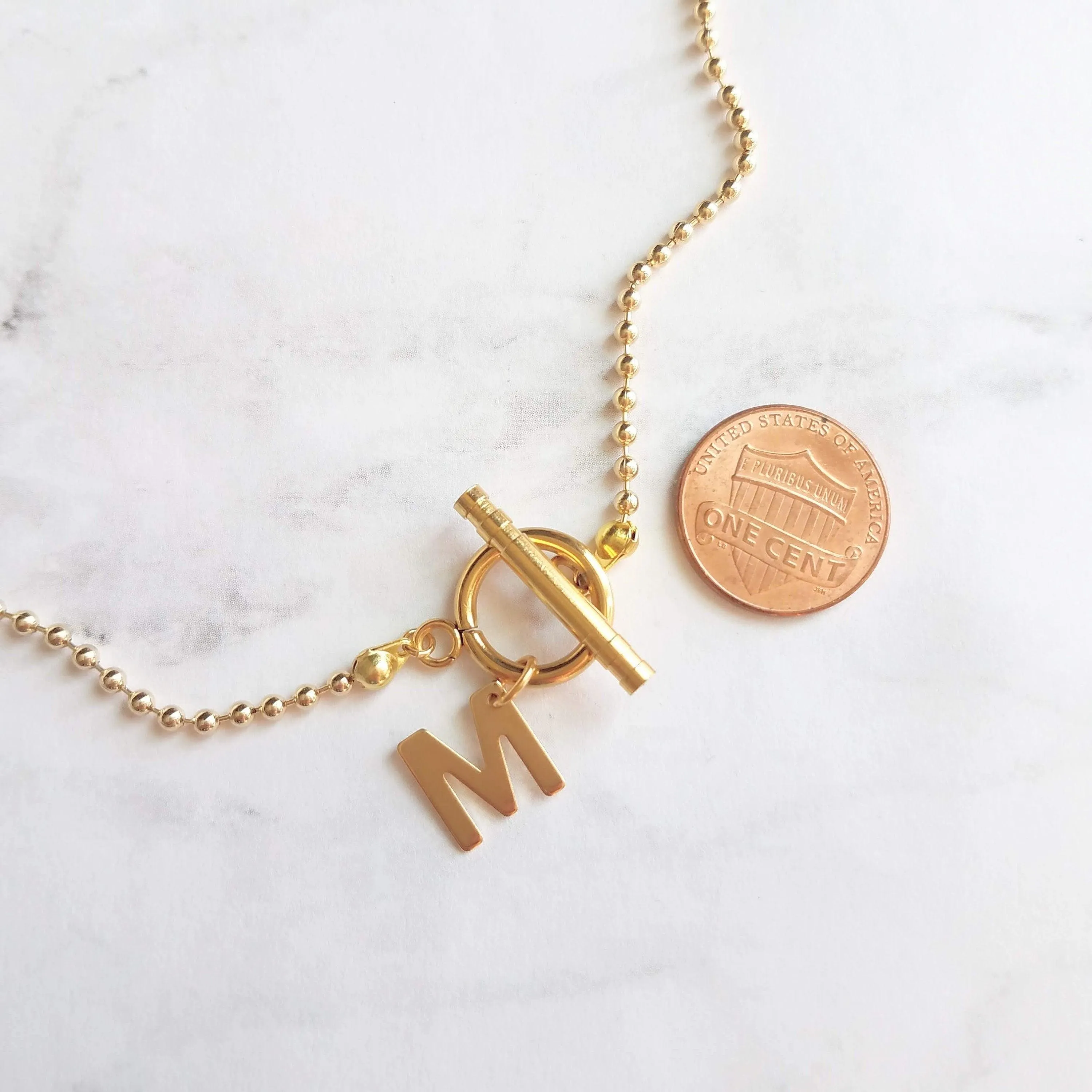 Gold Ball Chain Necklace & Letter Charm, chunky chain, gold letter initial necklace, toggle clasp necklace, front clasp