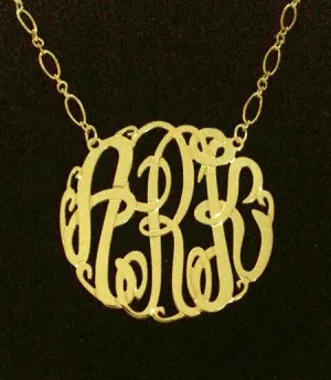Gold Big Slim Monogram Necklace-Long and Short Chain