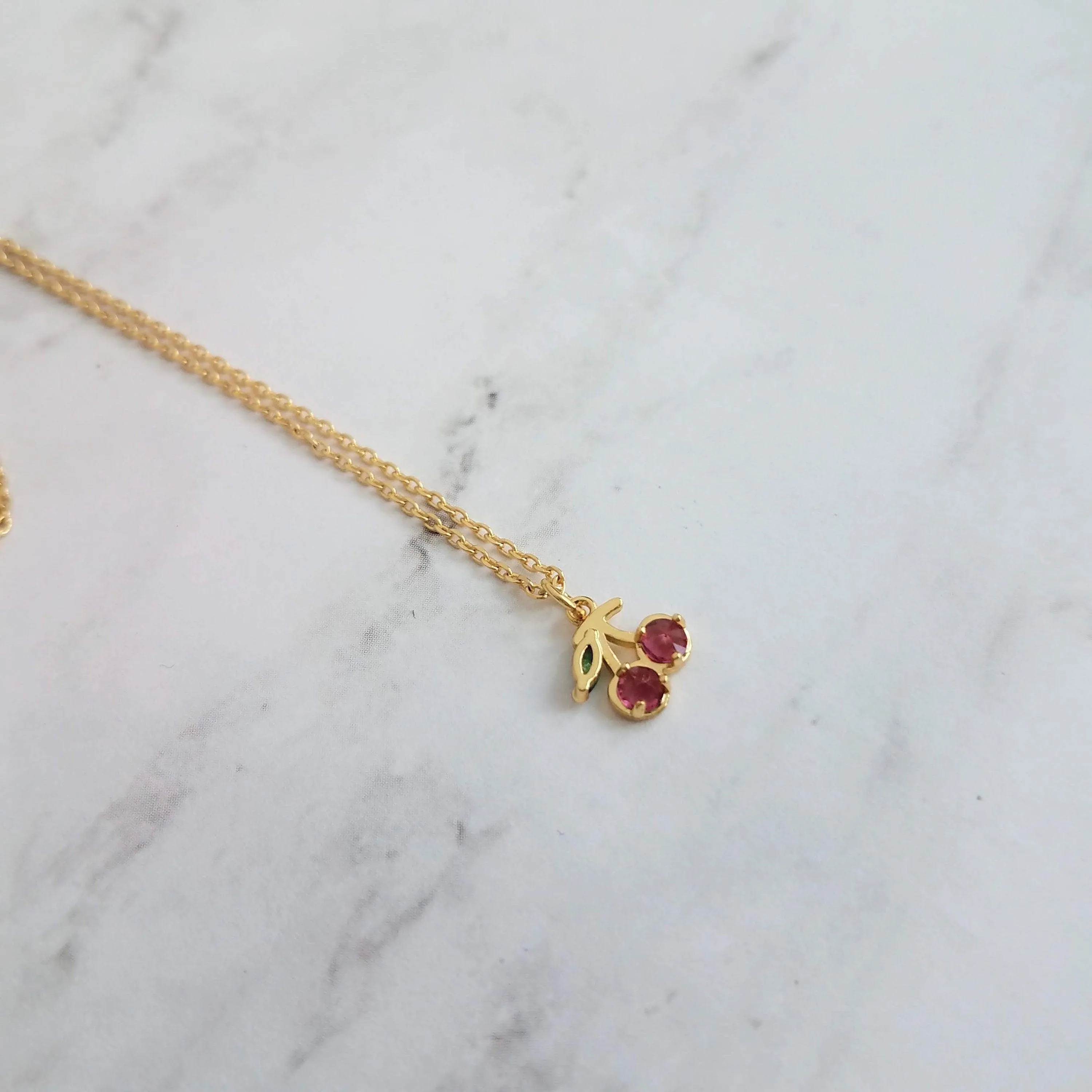 Gold Cherry Necklace, Michigan cherries necklace, pink cherry pendant necklace, cherry charm necklace, cherry jewelry, crystal cherry