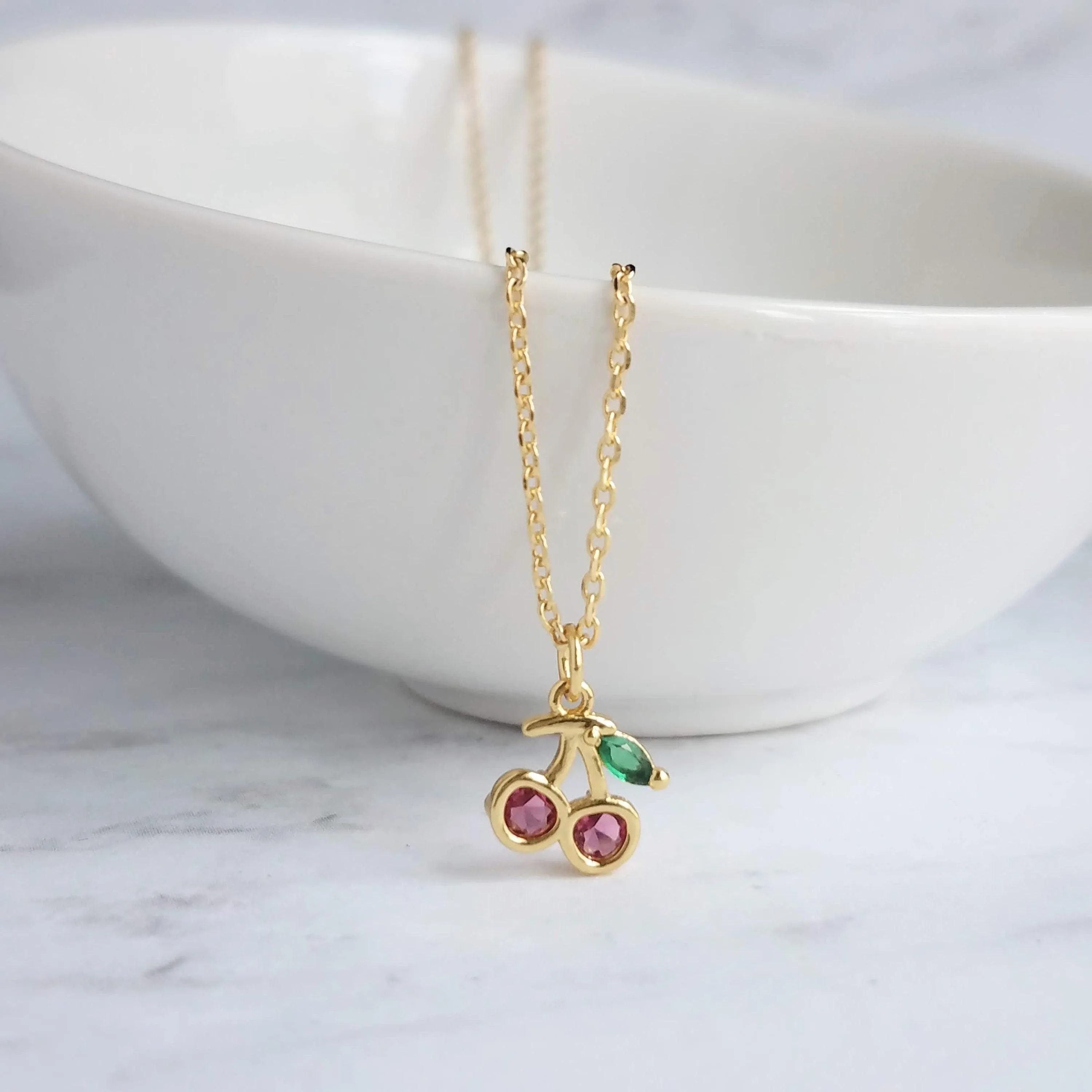 Gold Cherry Necklace, Michigan cherries necklace, pink cherry pendant necklace, cherry charm necklace, cherry jewelry, crystal cherry