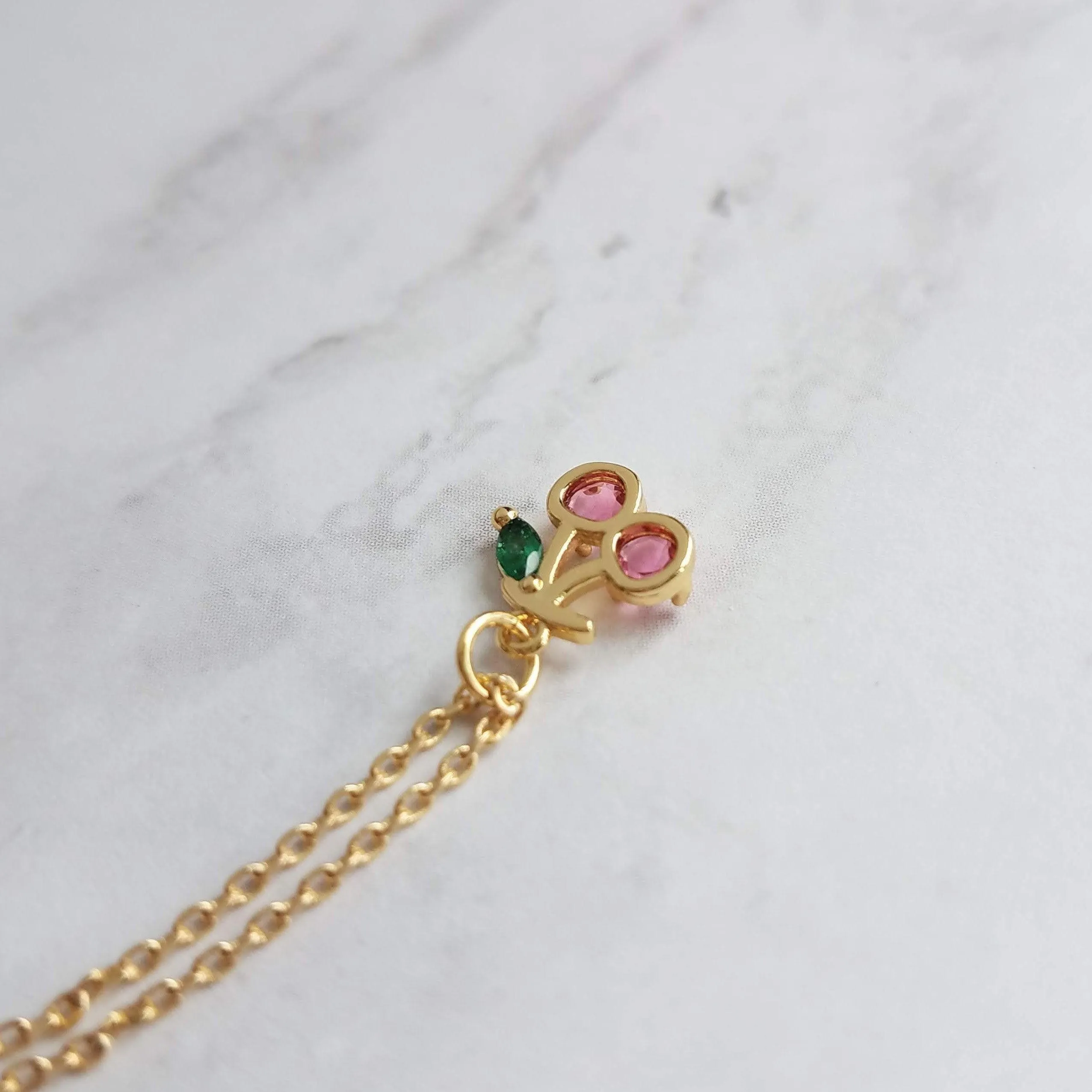 Gold Cherry Necklace, Michigan cherries necklace, pink cherry pendant necklace, cherry charm necklace, cherry jewelry, crystal cherry