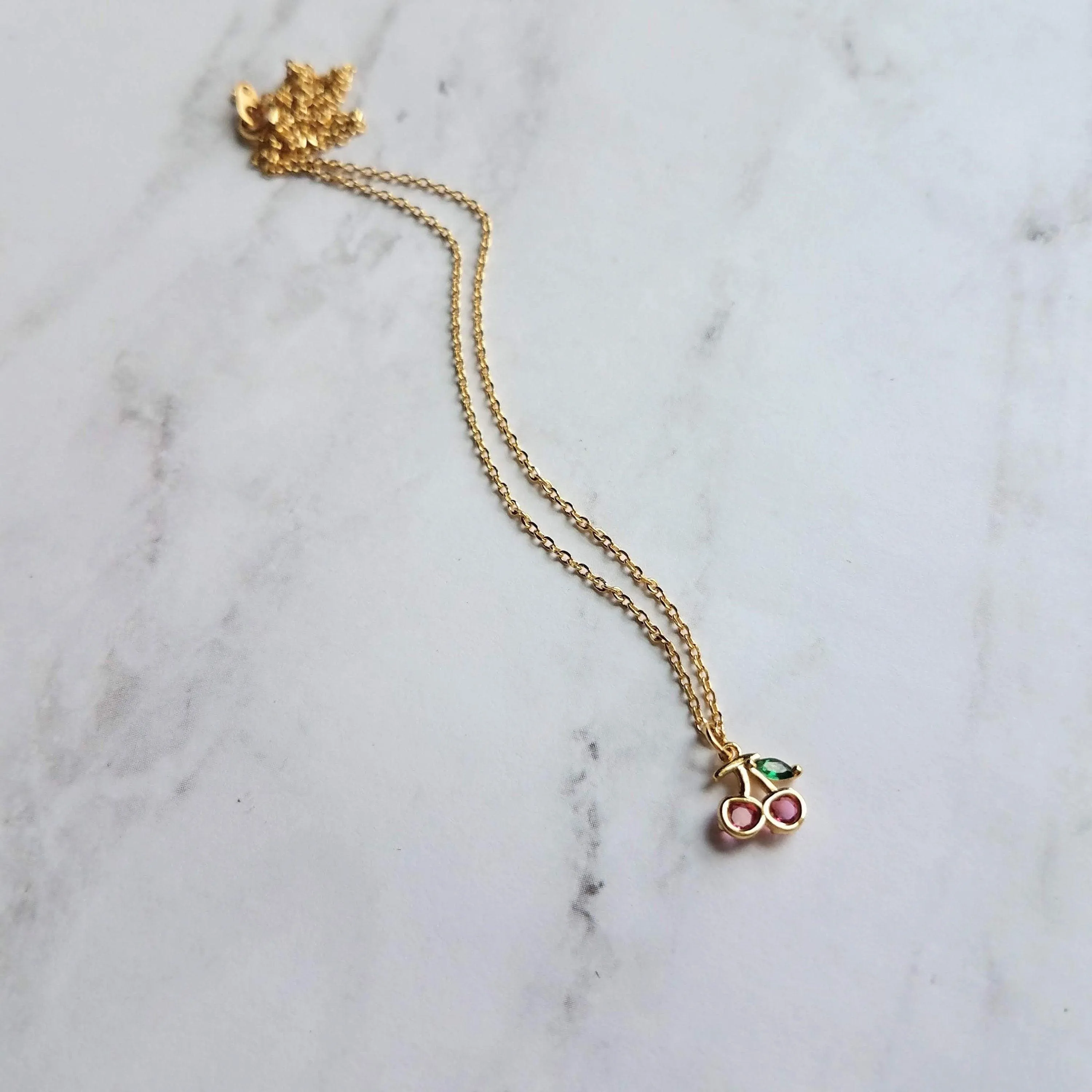 Gold Cherry Necklace, Michigan cherries necklace, pink cherry pendant necklace, cherry charm necklace, cherry jewelry, crystal cherry