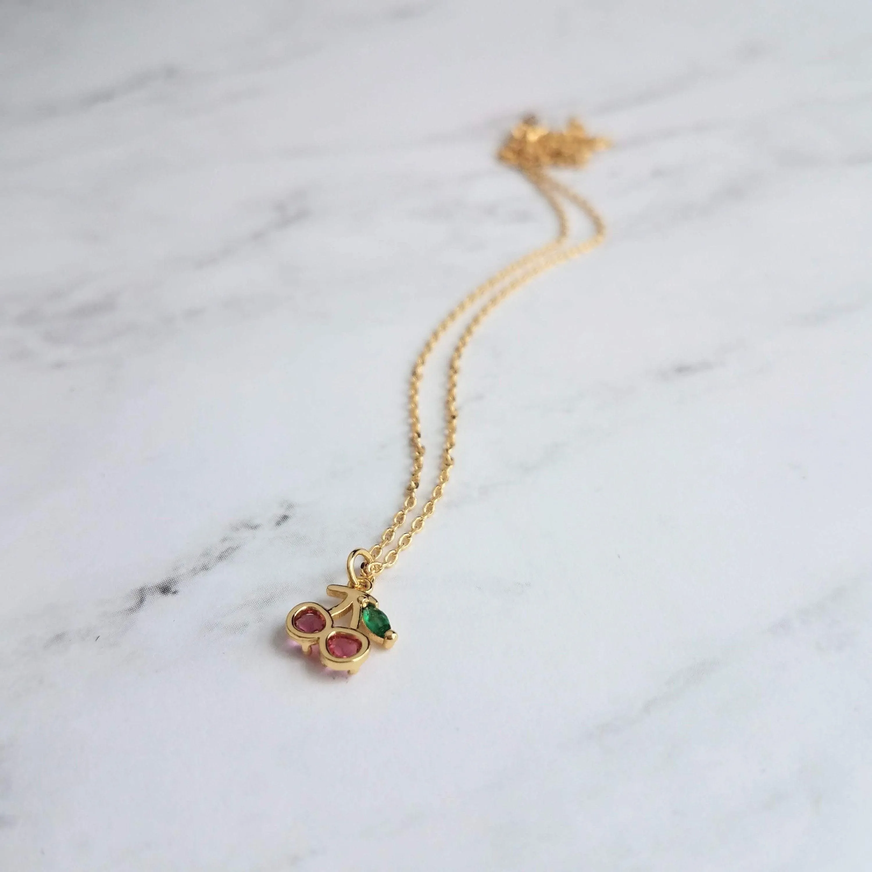 Gold Cherry Necklace, Michigan cherries necklace, pink cherry pendant necklace, cherry charm necklace, cherry jewelry, crystal cherry