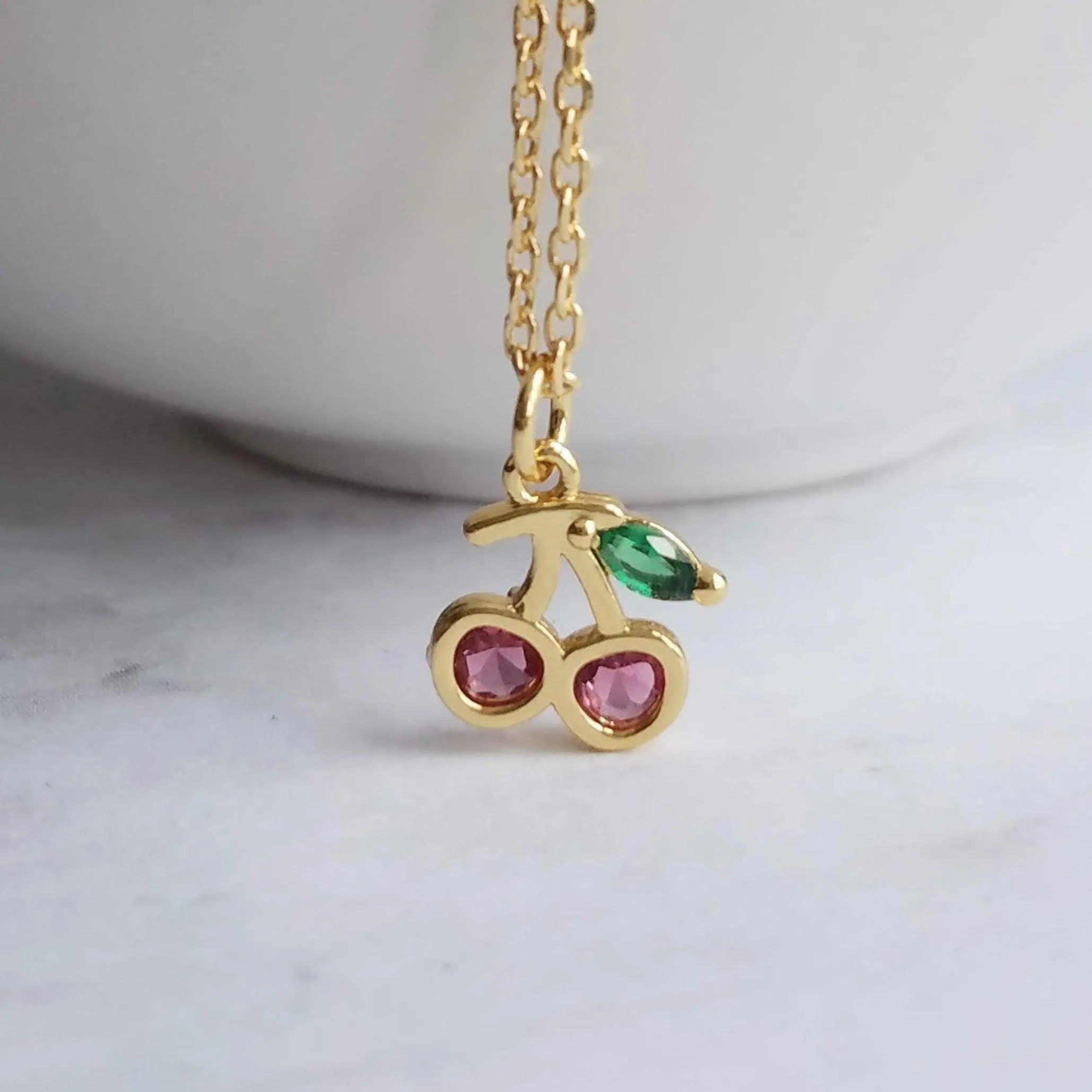 Gold Cherry Necklace, Michigan cherries necklace, pink cherry pendant necklace, cherry charm necklace, cherry jewelry, crystal cherry