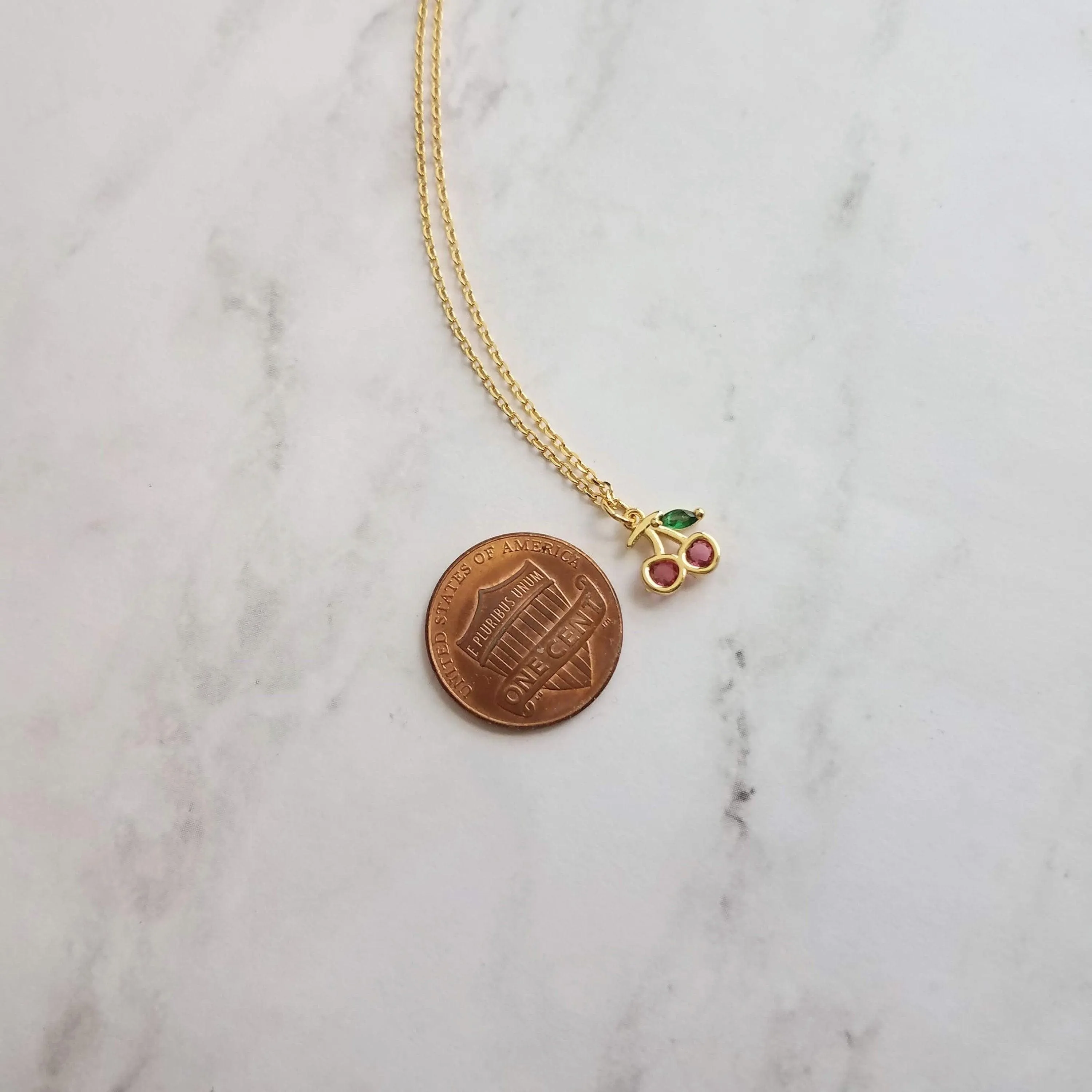 Gold Cherry Necklace, Michigan cherries necklace, pink cherry pendant necklace, cherry charm necklace, cherry jewelry, crystal cherry