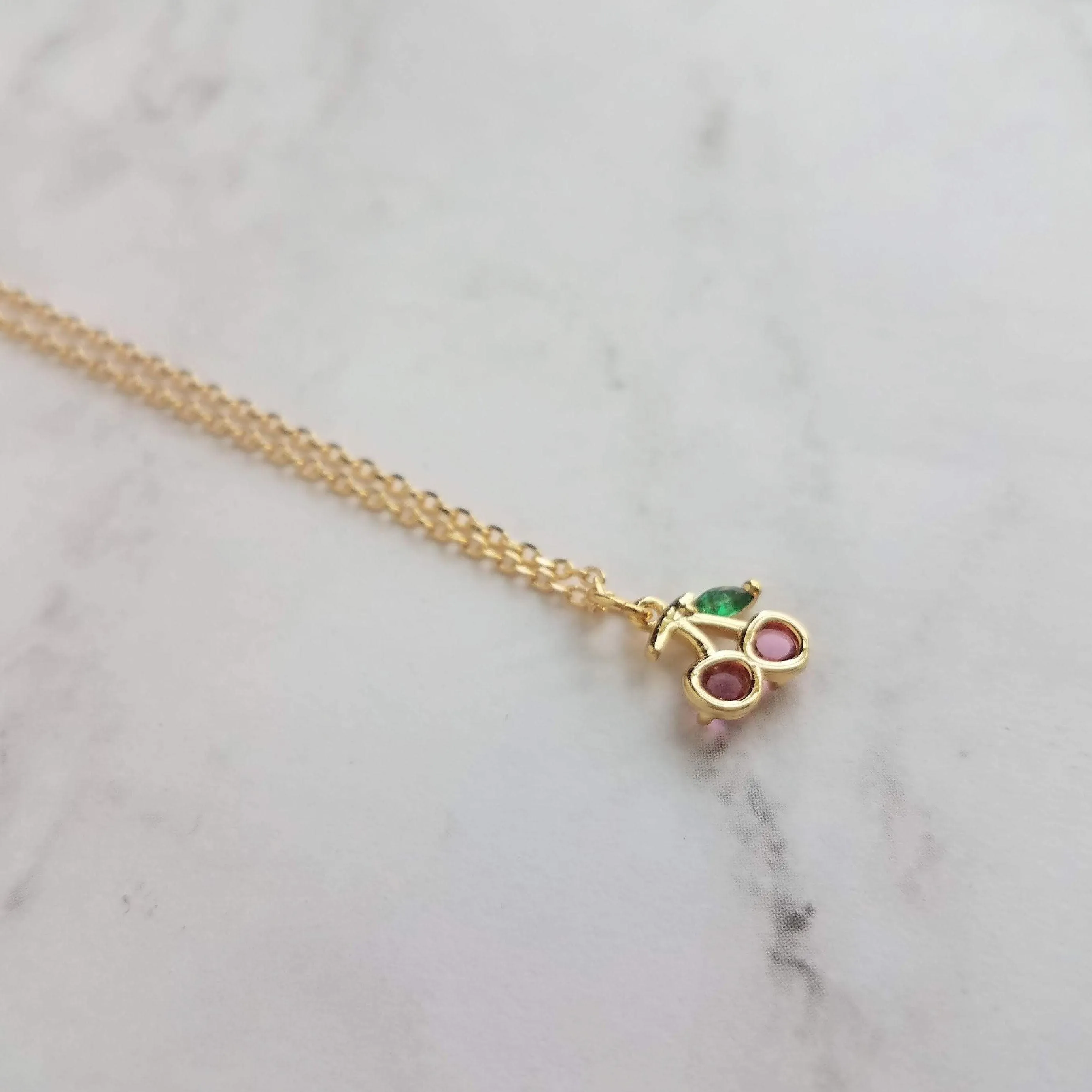Gold Cherry Necklace, Michigan cherries necklace, pink cherry pendant necklace, cherry charm necklace, cherry jewelry, crystal cherry