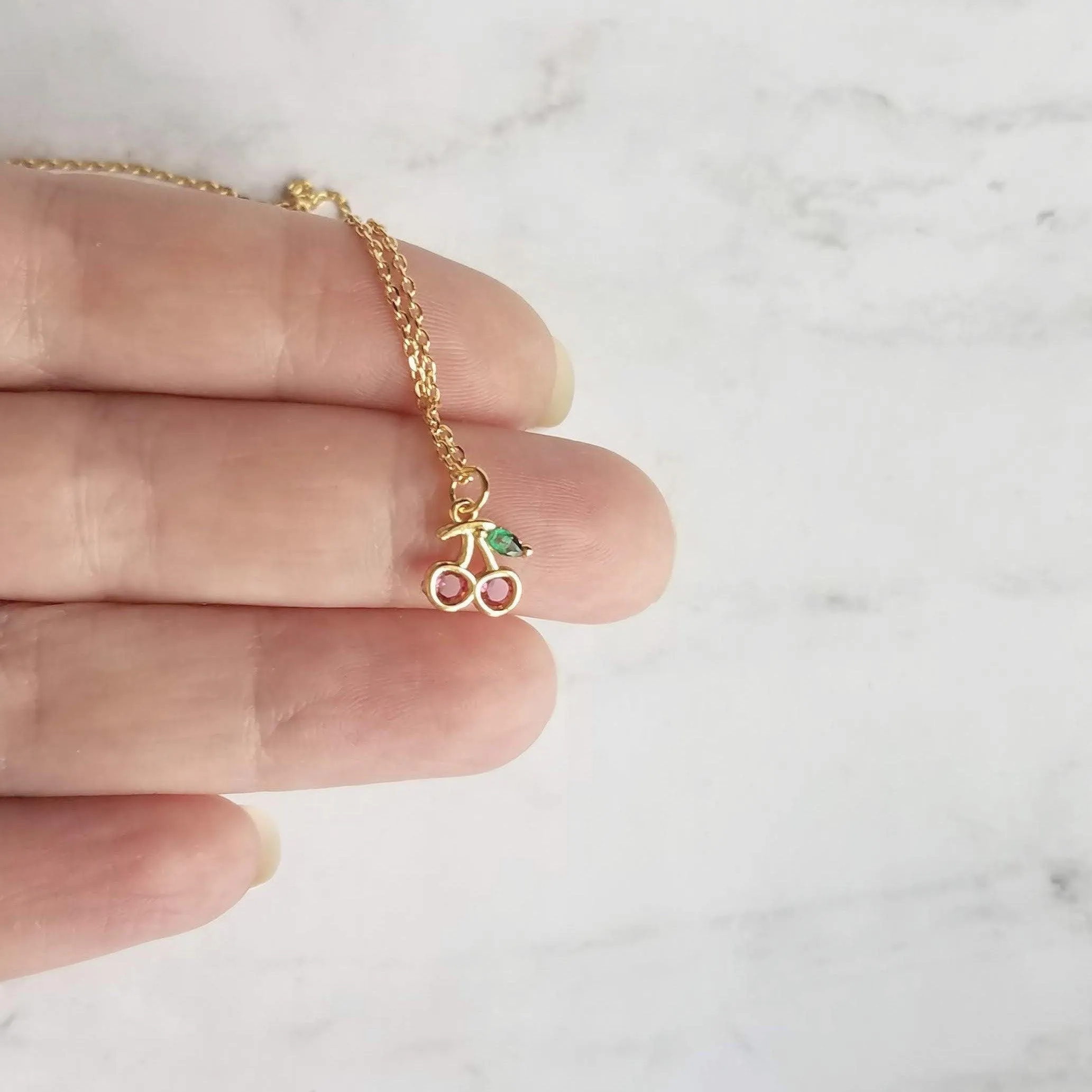 Gold Cherry Necklace, Michigan cherries necklace, pink cherry pendant necklace, cherry charm necklace, cherry jewelry, crystal cherry