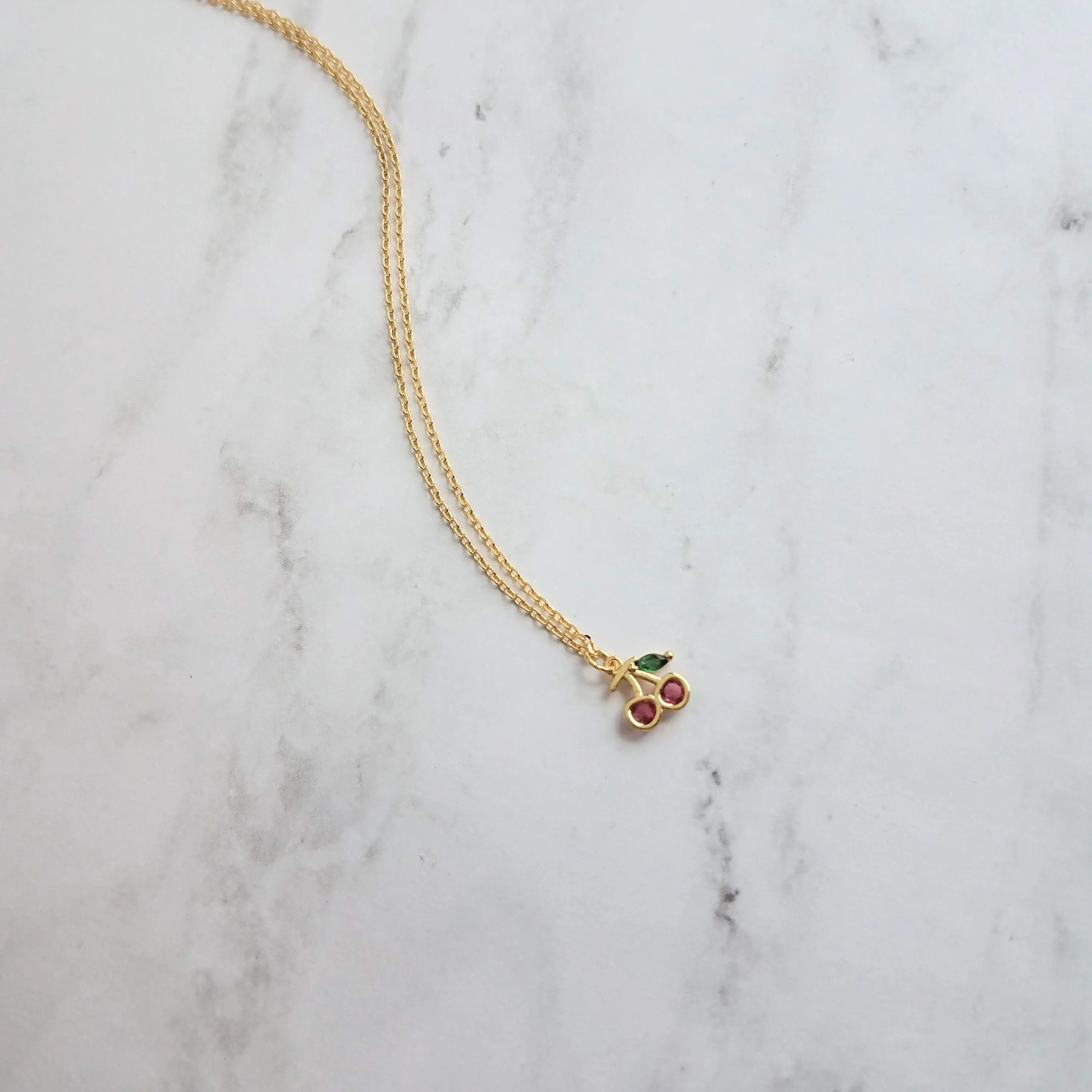 Gold Cherry Necklace, Michigan cherries necklace, pink cherry pendant necklace, cherry charm necklace, cherry jewelry, crystal cherry