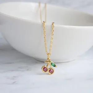Gold Cherry Necklace, Michigan cherries necklace, pink cherry pendant necklace, cherry charm necklace, cherry jewelry, crystal cherry