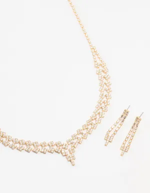 Gold Cubic Zirconia 2 Row Necklace and Earrings Set