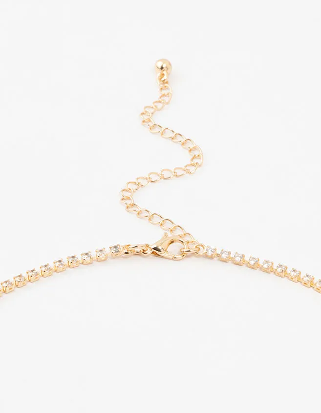 Gold Cubic Zirconia 2 Row Necklace and Earrings Set