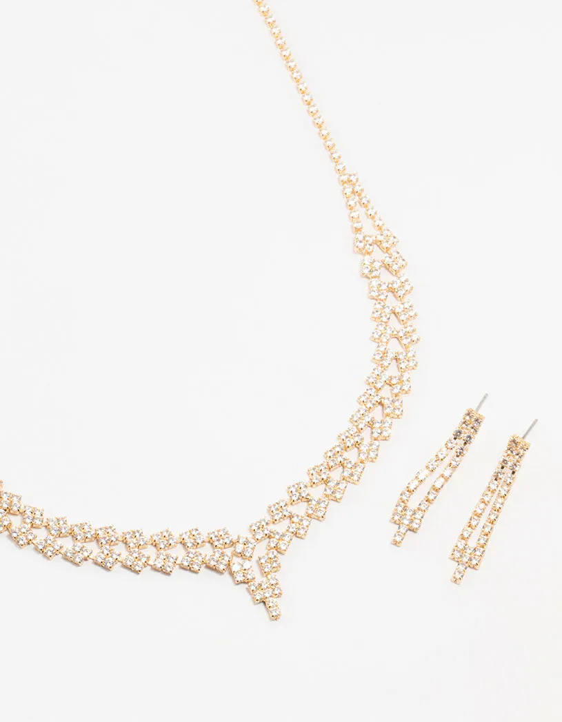Gold Cubic Zirconia 2 Row Necklace and Earrings Set