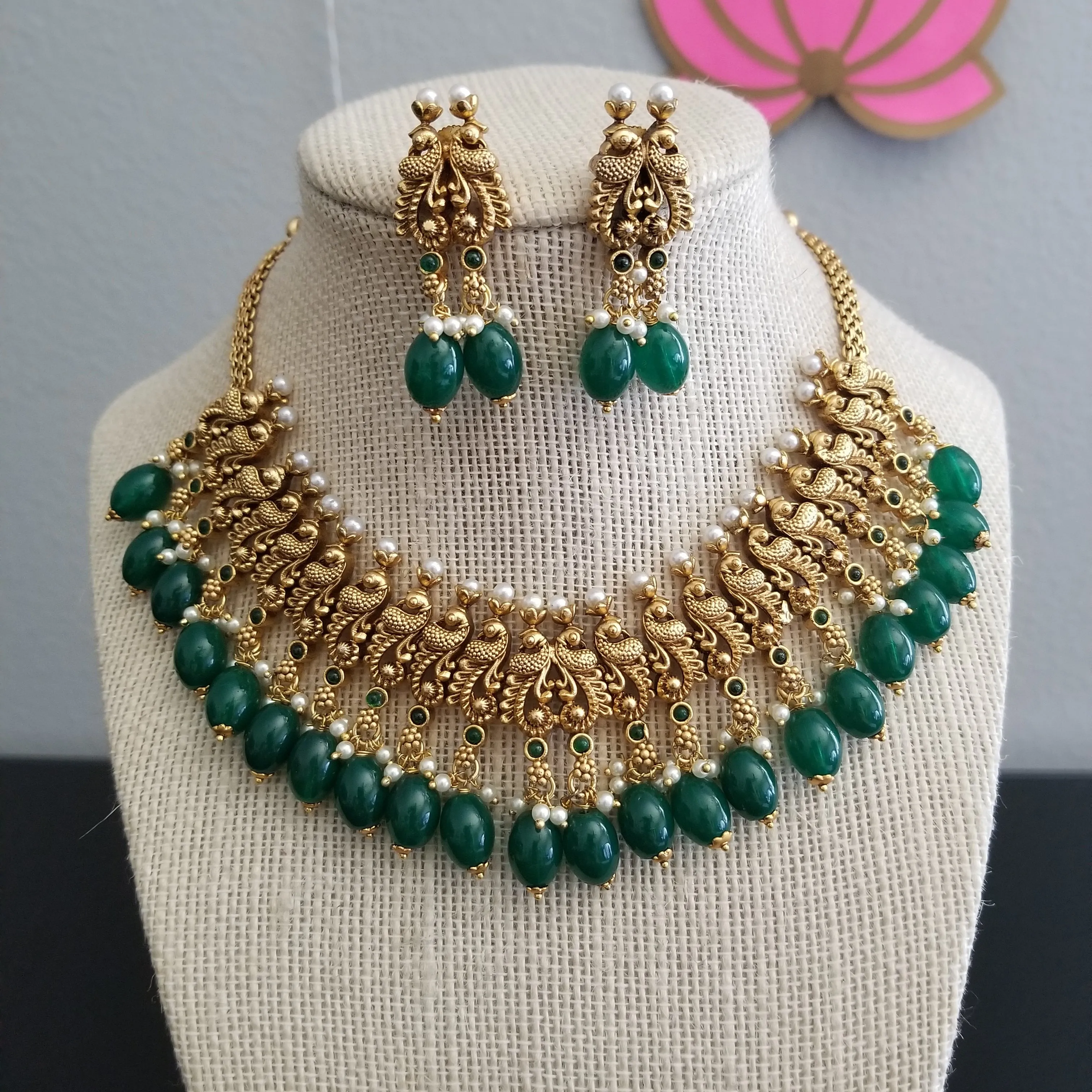 Gold Finish Peacock Necklace Set With Beads