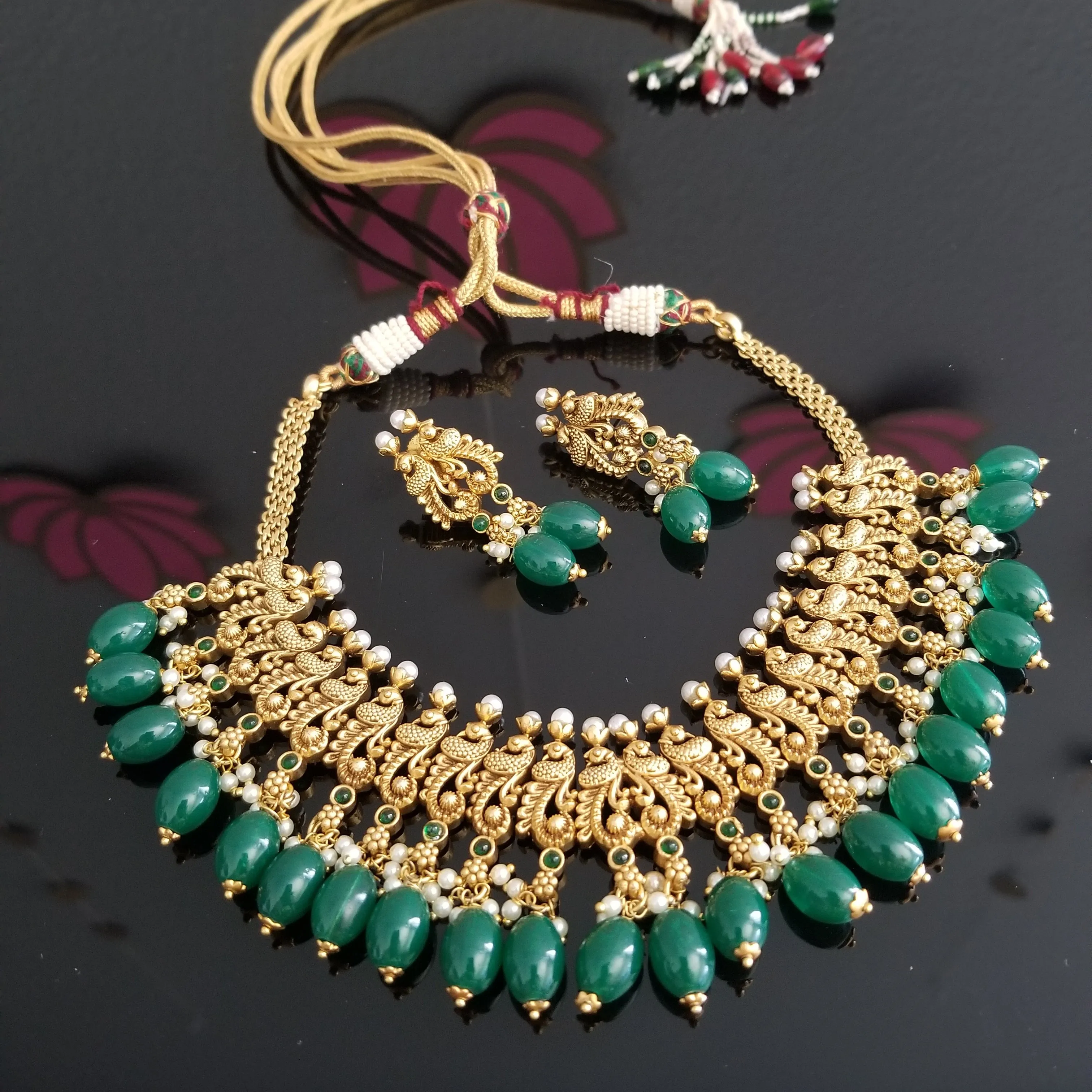 Gold Finish Peacock Necklace Set With Beads