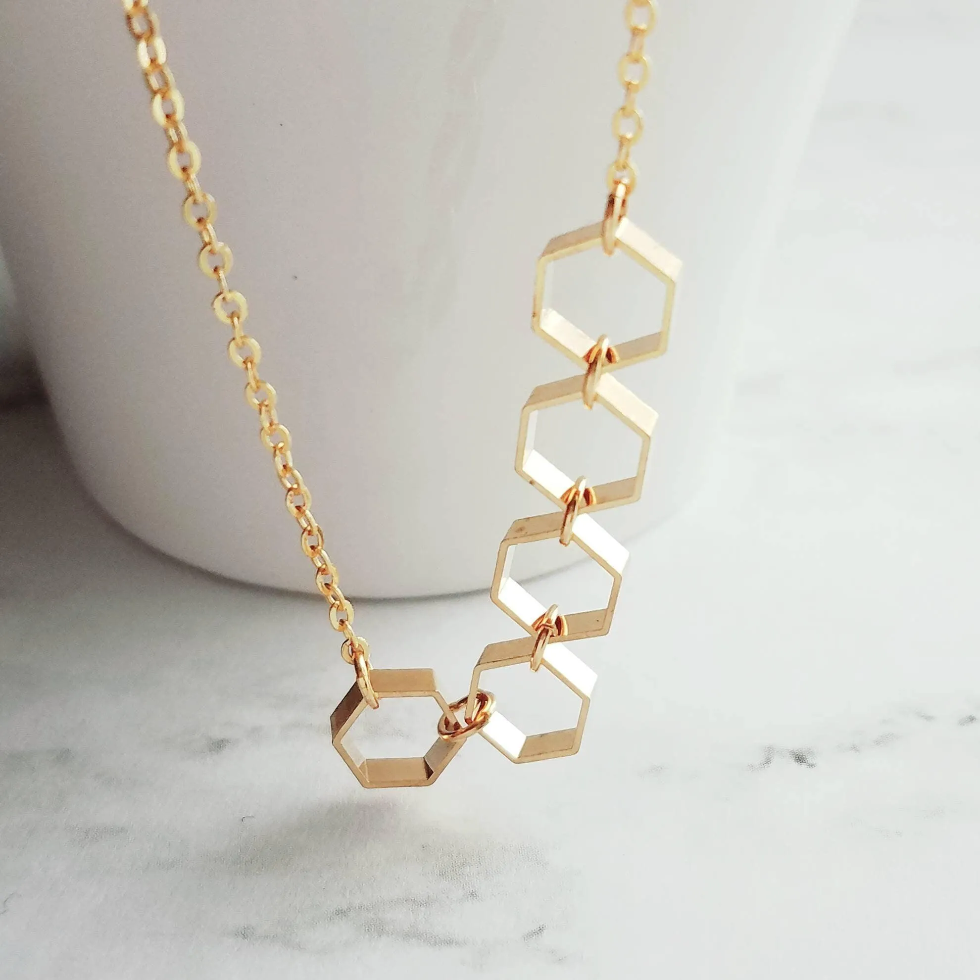 Gold Hexagon Necklace, honeycomb necklace, honeybee necklace, bee necklace, geometric necklace, geometry necklace, gold bee jewelry, math