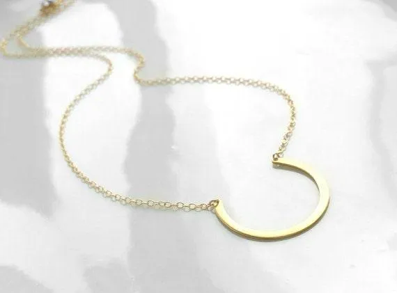 Gold Horseshoe Necklace - 14K gold fill chain & brass u shape round pendant - delicate simple open circle minimalist semicircle
