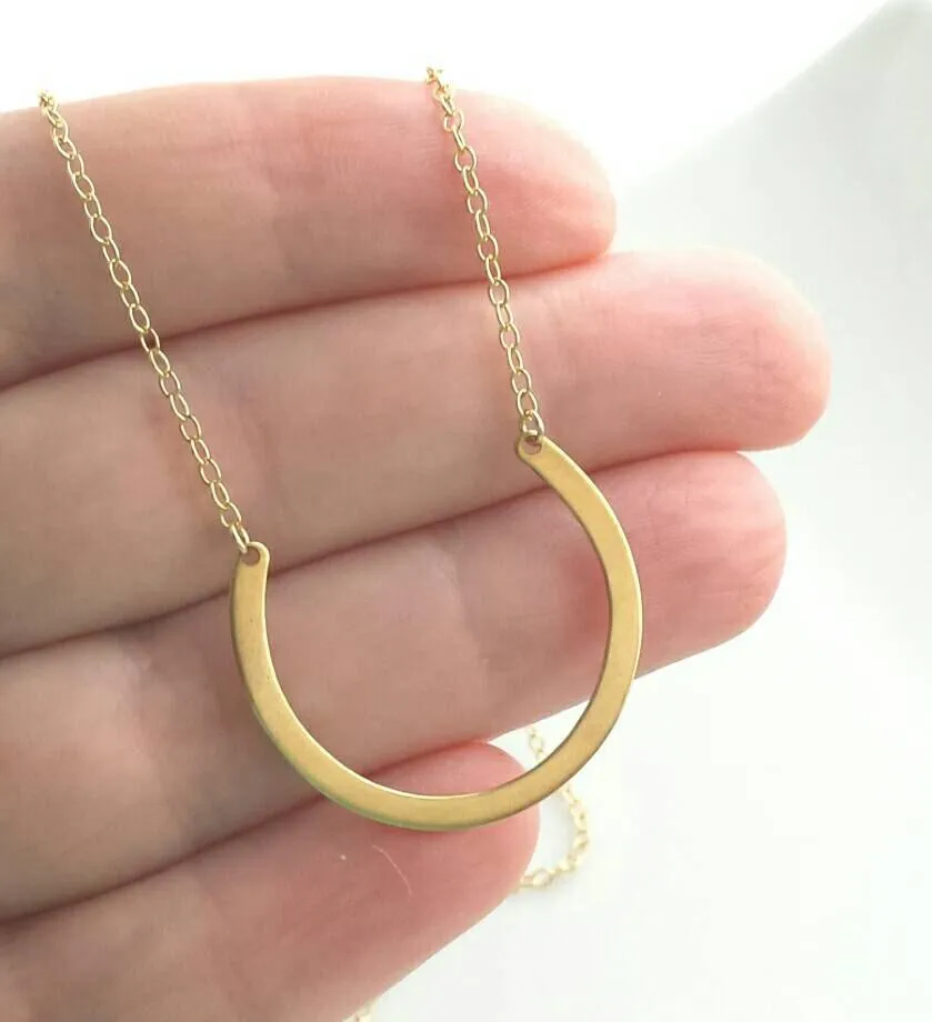Gold Horseshoe Necklace - 14K gold fill chain & brass u shape round pendant - delicate simple open circle minimalist semicircle