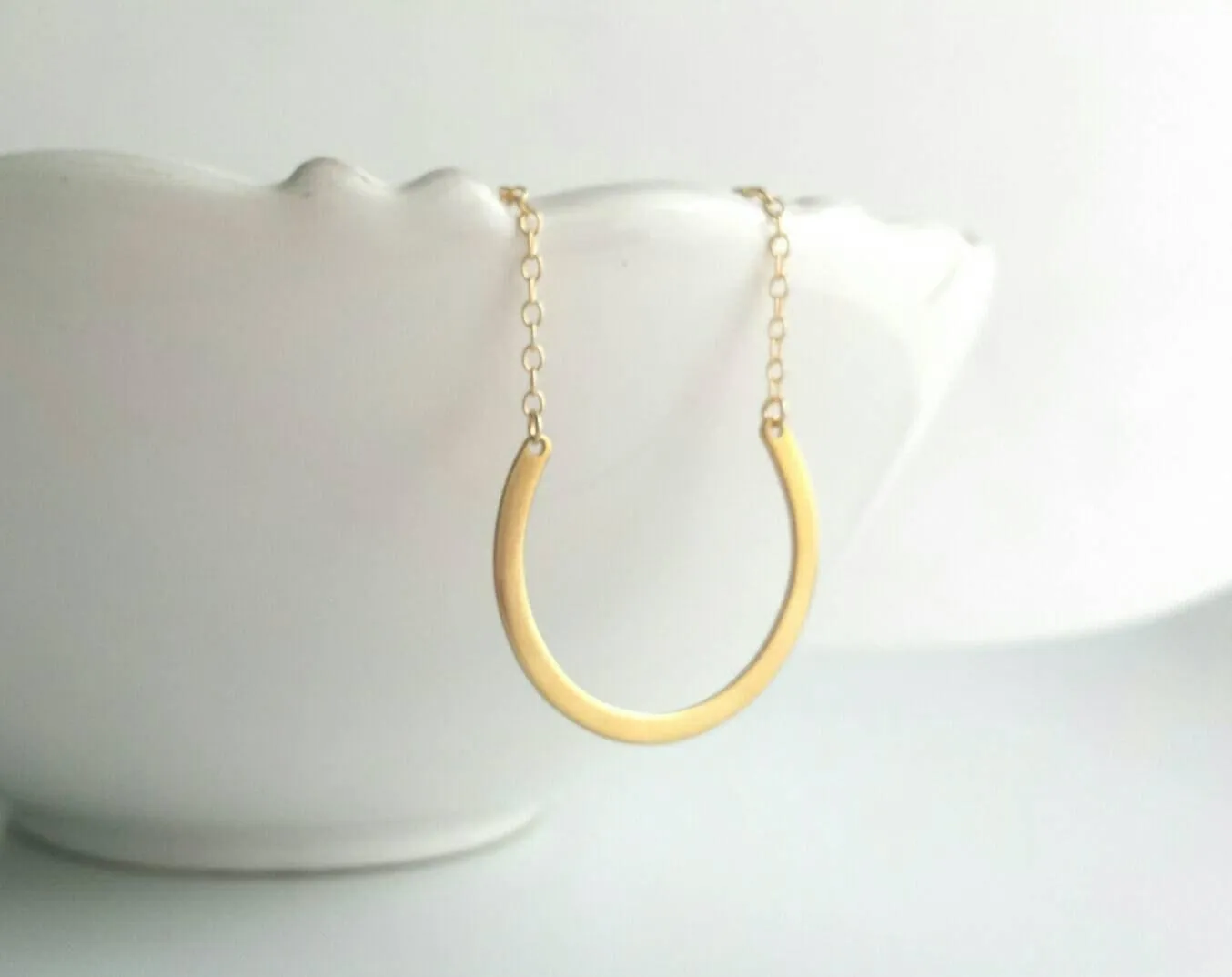 Gold Horseshoe Necklace - 14K gold fill chain & brass u shape round pendant - delicate simple open circle minimalist semicircle