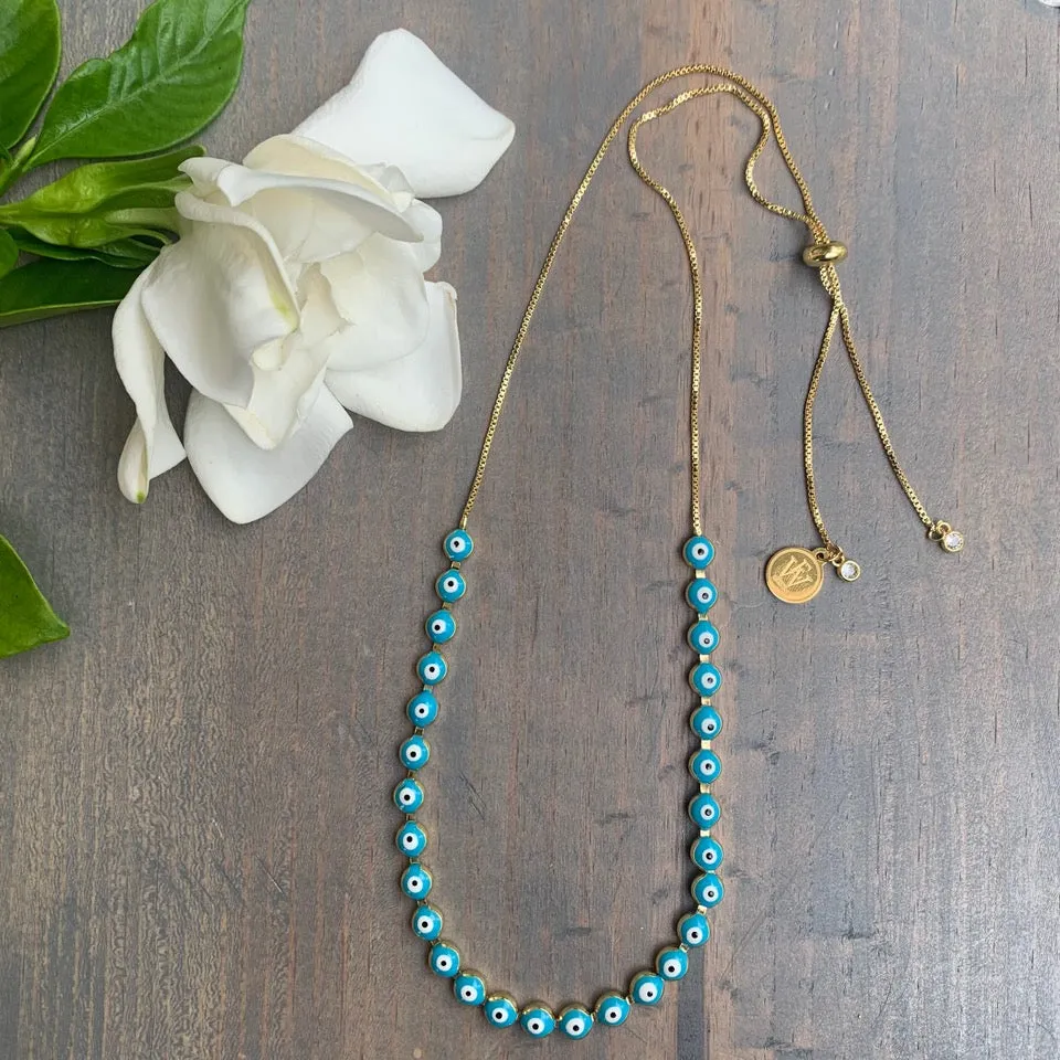 Gold Plated Multi Enamel Evil Eye ajustable necklace 300-18 | Erika Williner Designs