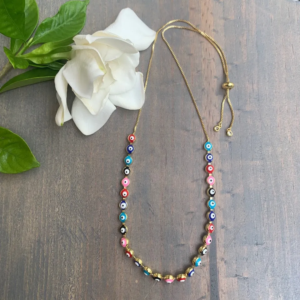 Gold Plated Multi Enamel Evil Eye ajustable necklace 300-18 | Erika Williner Designs