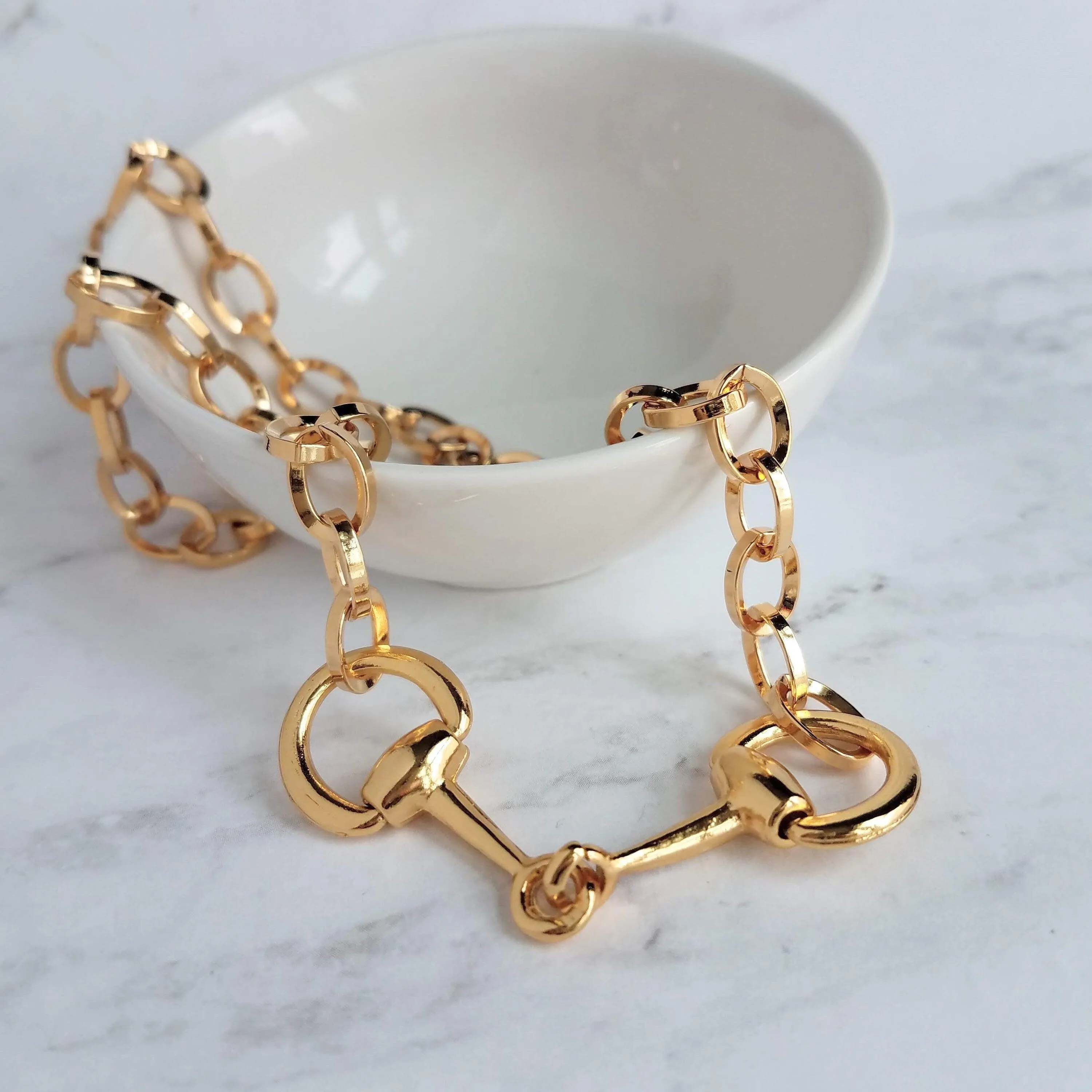 Gold Snaffle Bit Horse Necklace, chunky chain, equestrian necklace, gold horse necklace, snaffle necklace, D ring, thick gold chain, heavy