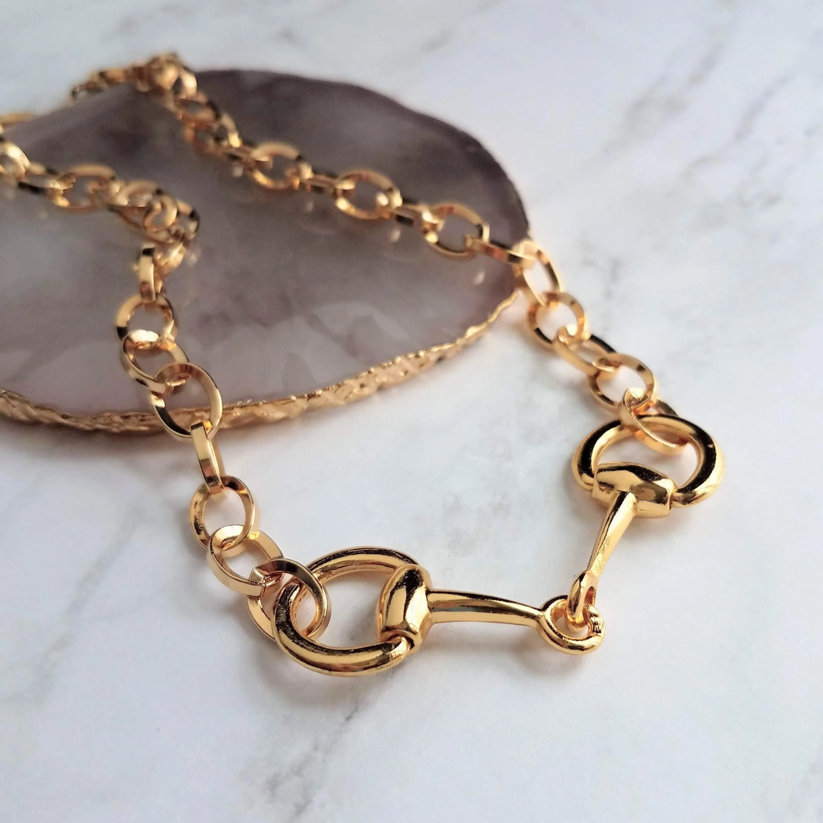 Gold Snaffle Bit Horse Necklace, chunky chain, equestrian necklace, gold horse necklace, snaffle necklace, D ring, thick gold chain, heavy