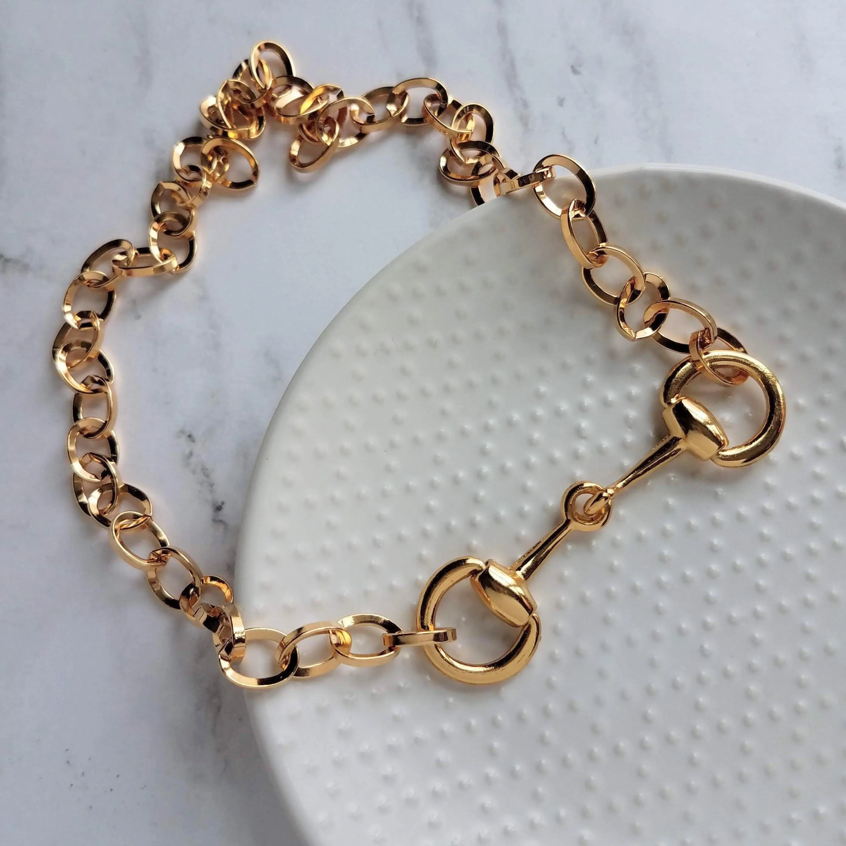 Gold Snaffle Bit Horse Necklace, chunky chain, equestrian necklace, gold horse necklace, snaffle necklace, D ring, thick gold chain, heavy