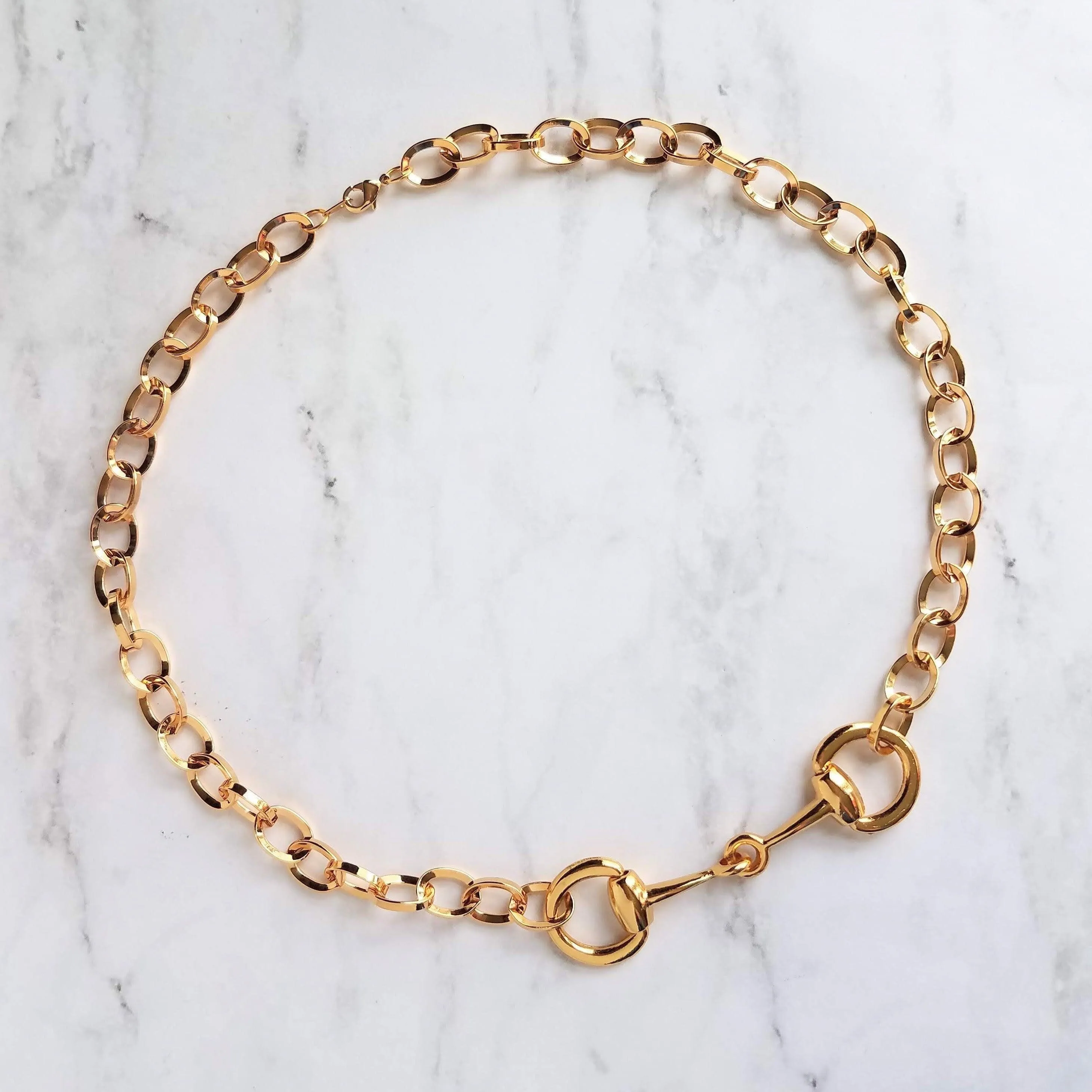 Gold Snaffle Bit Horse Necklace, chunky chain, equestrian necklace, gold horse necklace, snaffle necklace, D ring, thick gold chain, heavy