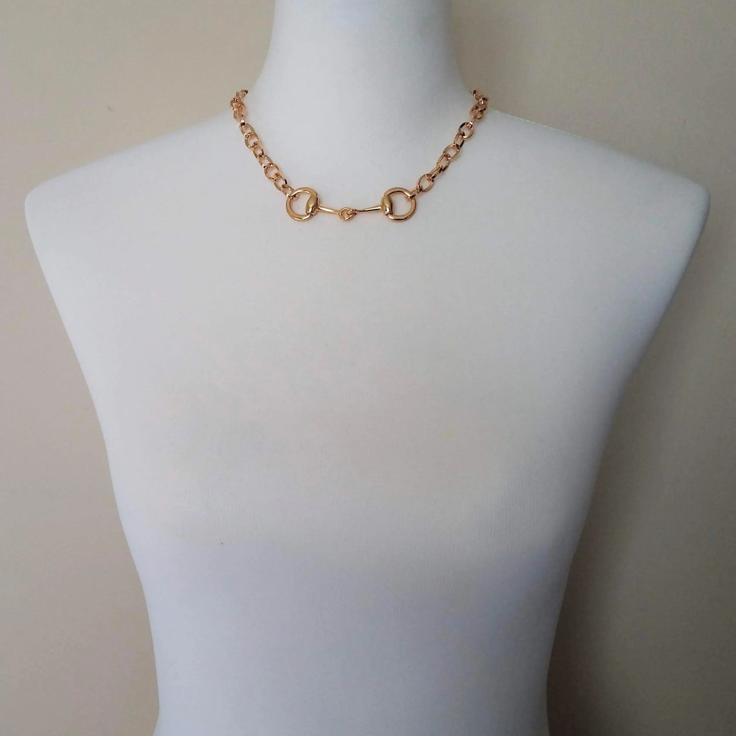 Gold Snaffle Bit Horse Necklace, chunky chain, equestrian necklace, gold horse necklace, snaffle necklace, D ring, thick gold chain, heavy