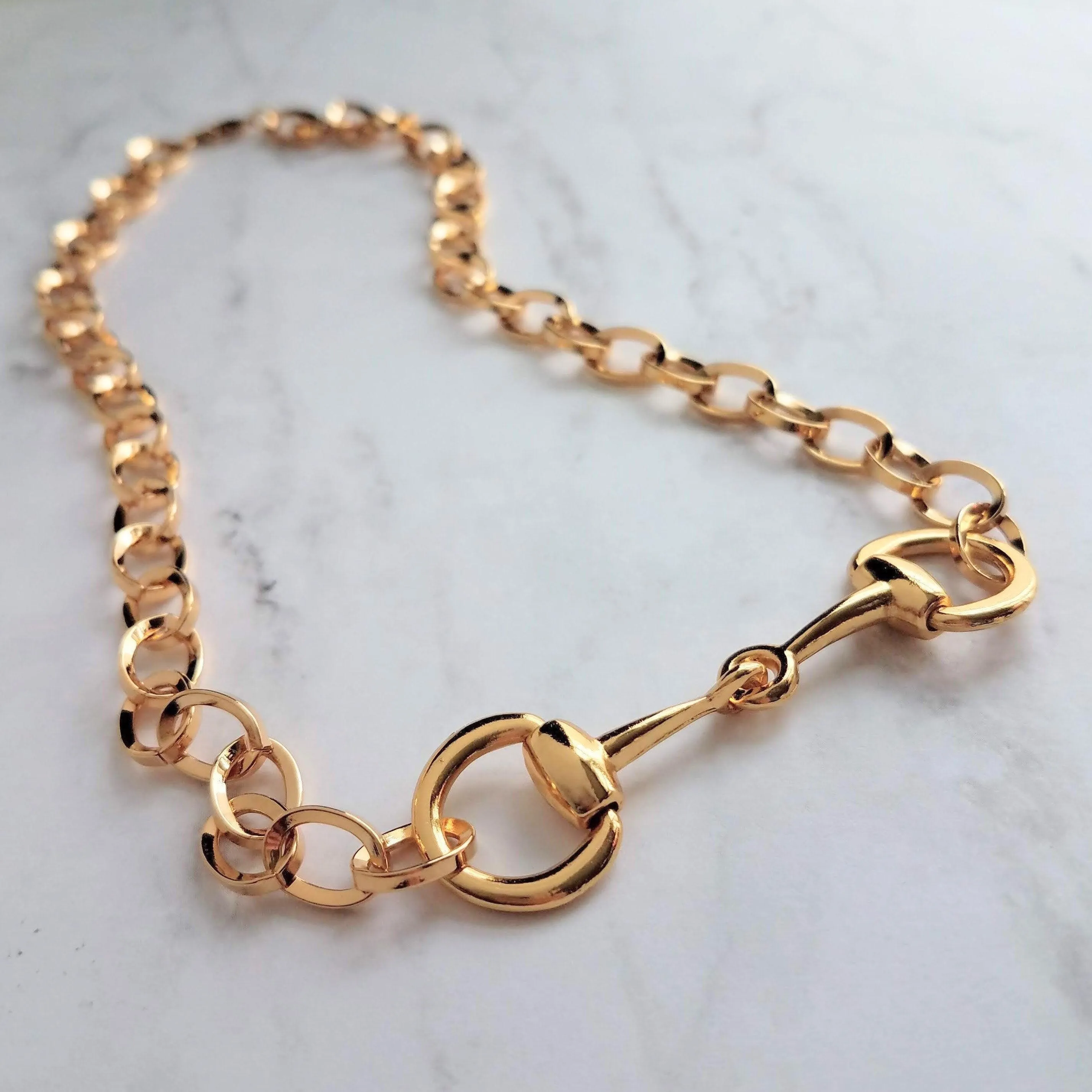 Gold Snaffle Bit Horse Necklace, chunky chain, equestrian necklace, gold horse necklace, snaffle necklace, D ring, thick gold chain, heavy