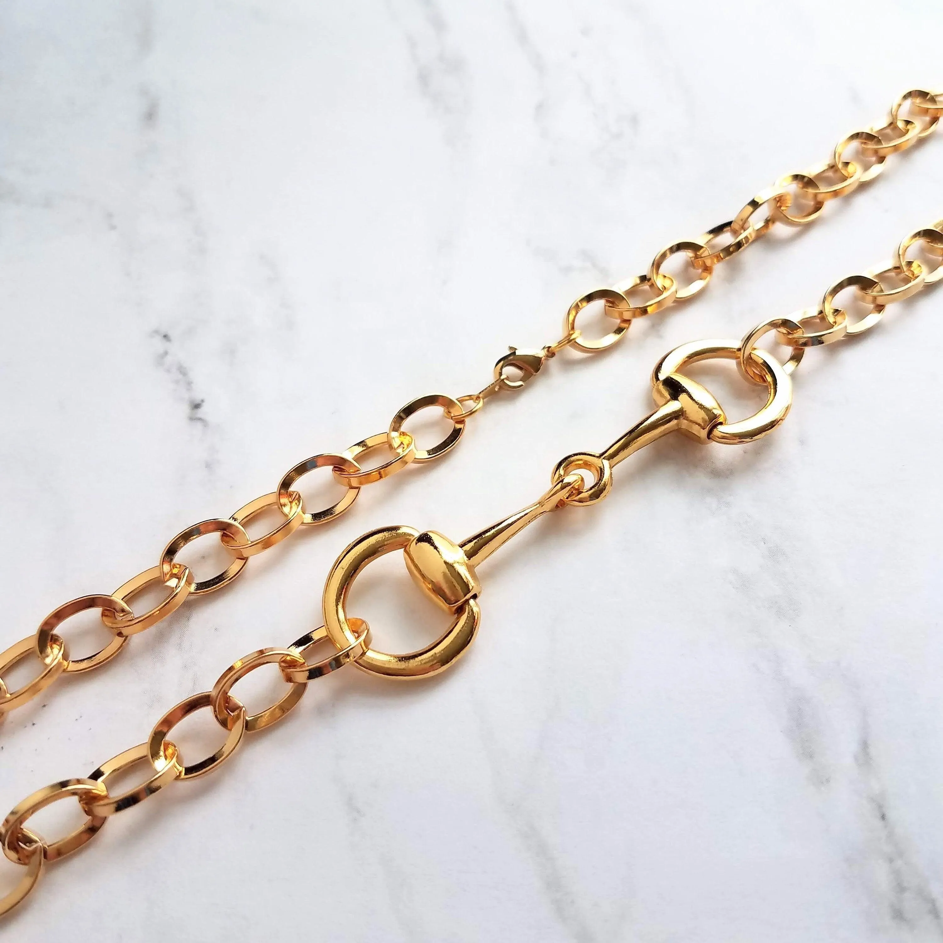 Gold Snaffle Bit Horse Necklace, chunky chain, equestrian necklace, gold horse necklace, snaffle necklace, D ring, thick gold chain, heavy