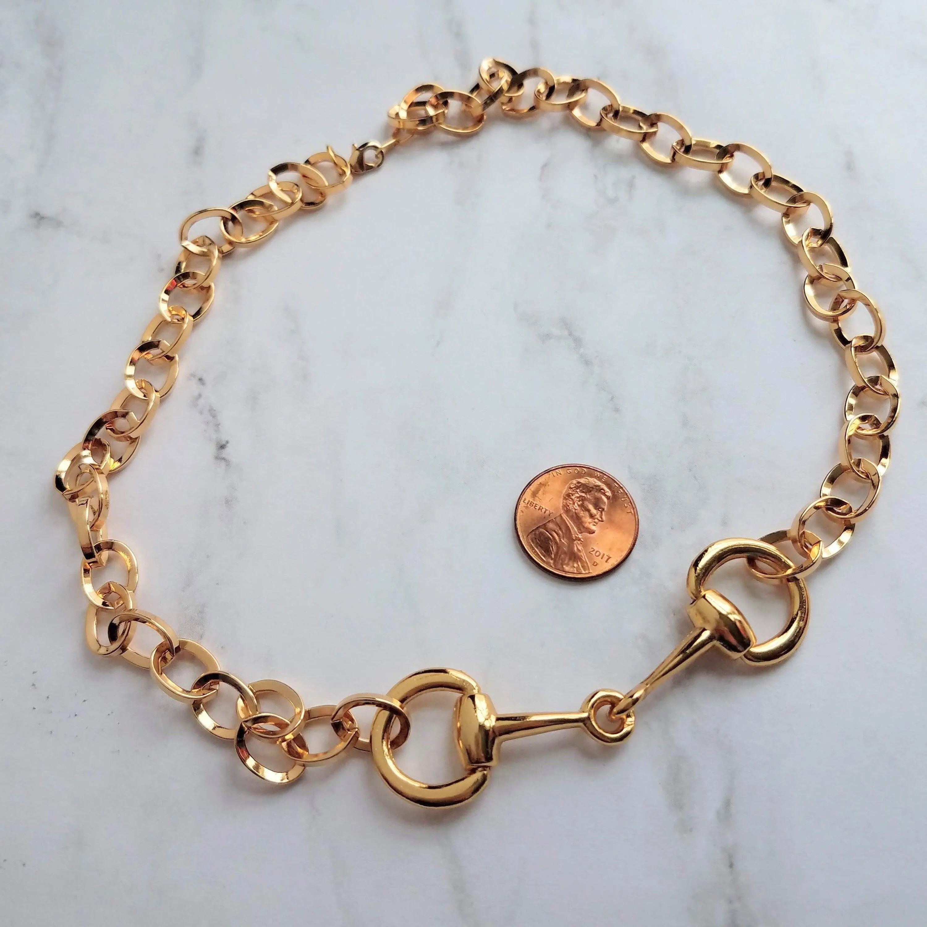 Gold Snaffle Bit Horse Necklace, chunky chain, equestrian necklace, gold horse necklace, snaffle necklace, D ring, thick gold chain, heavy