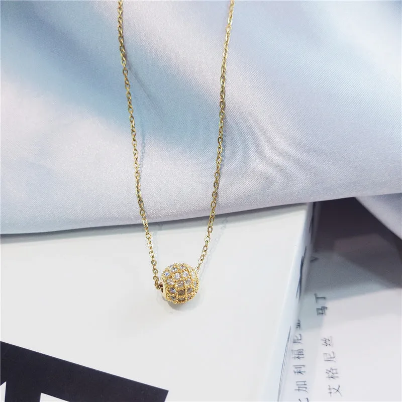 Golden Pave Ball Necklace with Crystal Slider on Delicate Gold Chain - Diamond and Crystal Bead Accents, 8mm Cubic Zirconia CZ