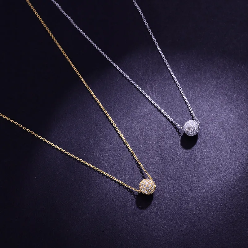 Golden Pave Ball Necklace with Crystal Slider on Delicate Gold Chain - Diamond and Crystal Bead Accents, 8mm Cubic Zirconia CZ