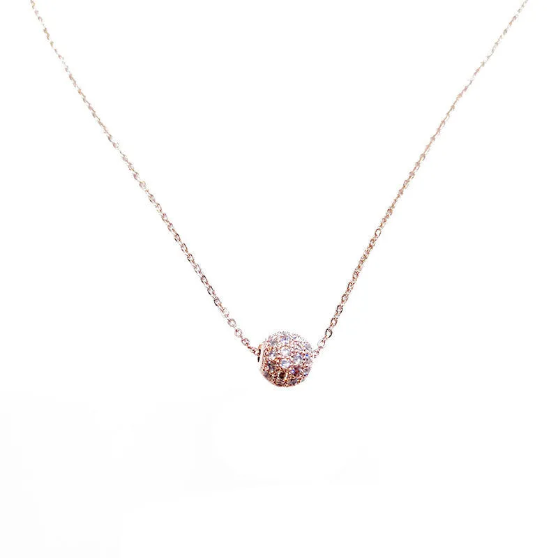 Golden Pave Ball Necklace with Crystal Slider on Delicate Gold Chain - Diamond and Crystal Bead Accents, 8mm Cubic Zirconia CZ
