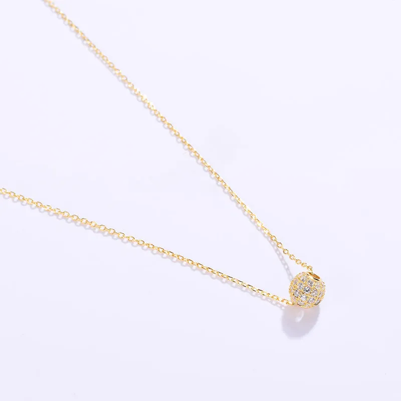 Golden Pave Ball Necklace with Crystal Slider on Delicate Gold Chain - Diamond and Crystal Bead Accents, 8mm Cubic Zirconia CZ